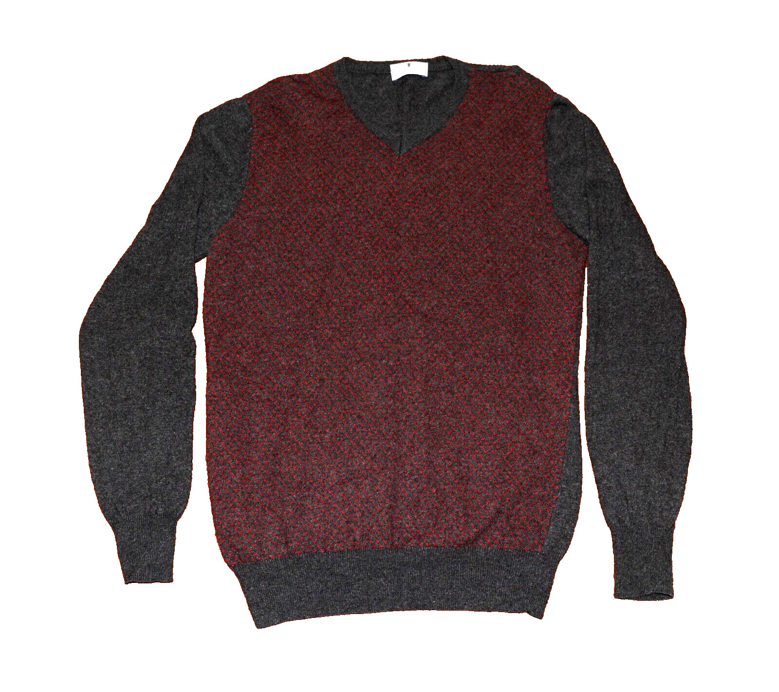 Andrea Frateschi Grey + Red Heart Pattern Cashmere Blend V-Neck Jumper Mens S