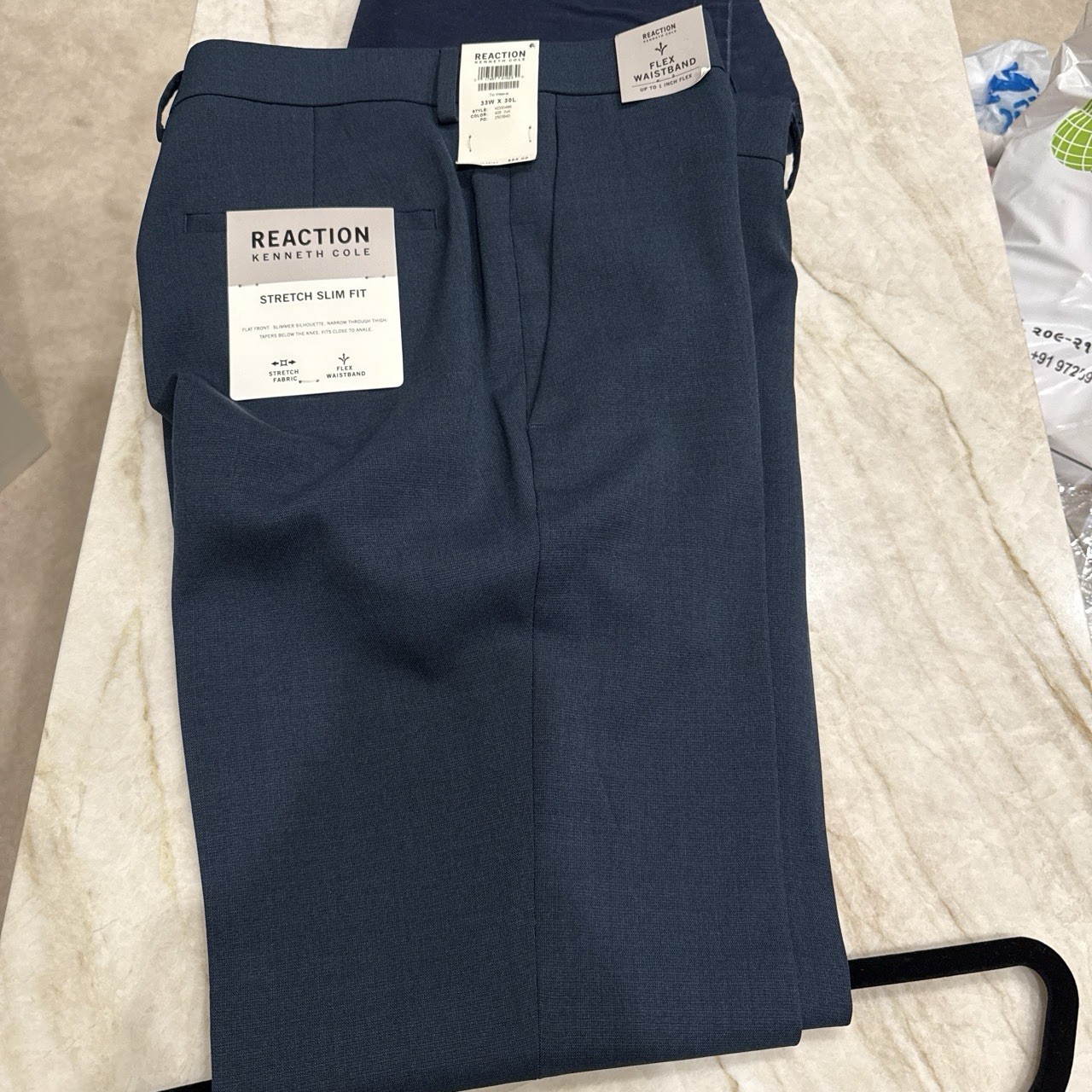 Kenneth Cole Reaction Men’s Blue Stretch Slim Fit Dress Pants Flex Waist 33Wx30L