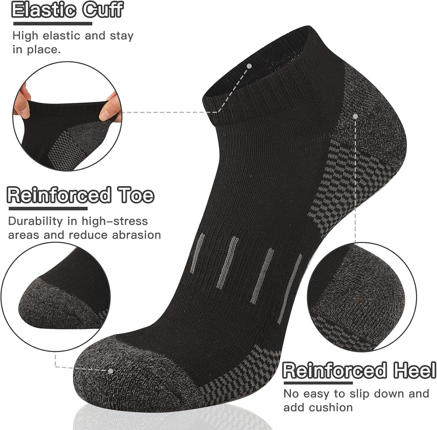 Heatuff 8 Pairs Men’s Athletic Ankle Socks Cushioned One Size, 8 Black