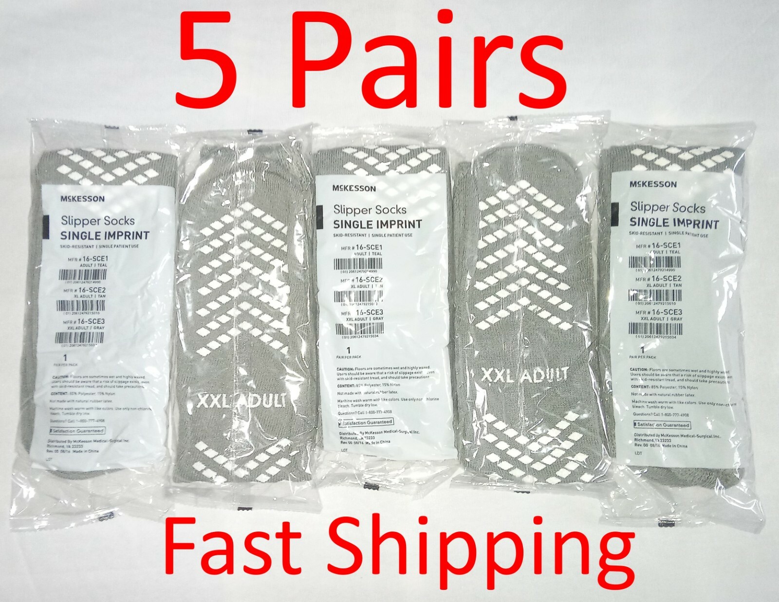 5 Pairs McKesson Gray XXL Non Skid Hospital Travel Slipper Socks Above Ankle