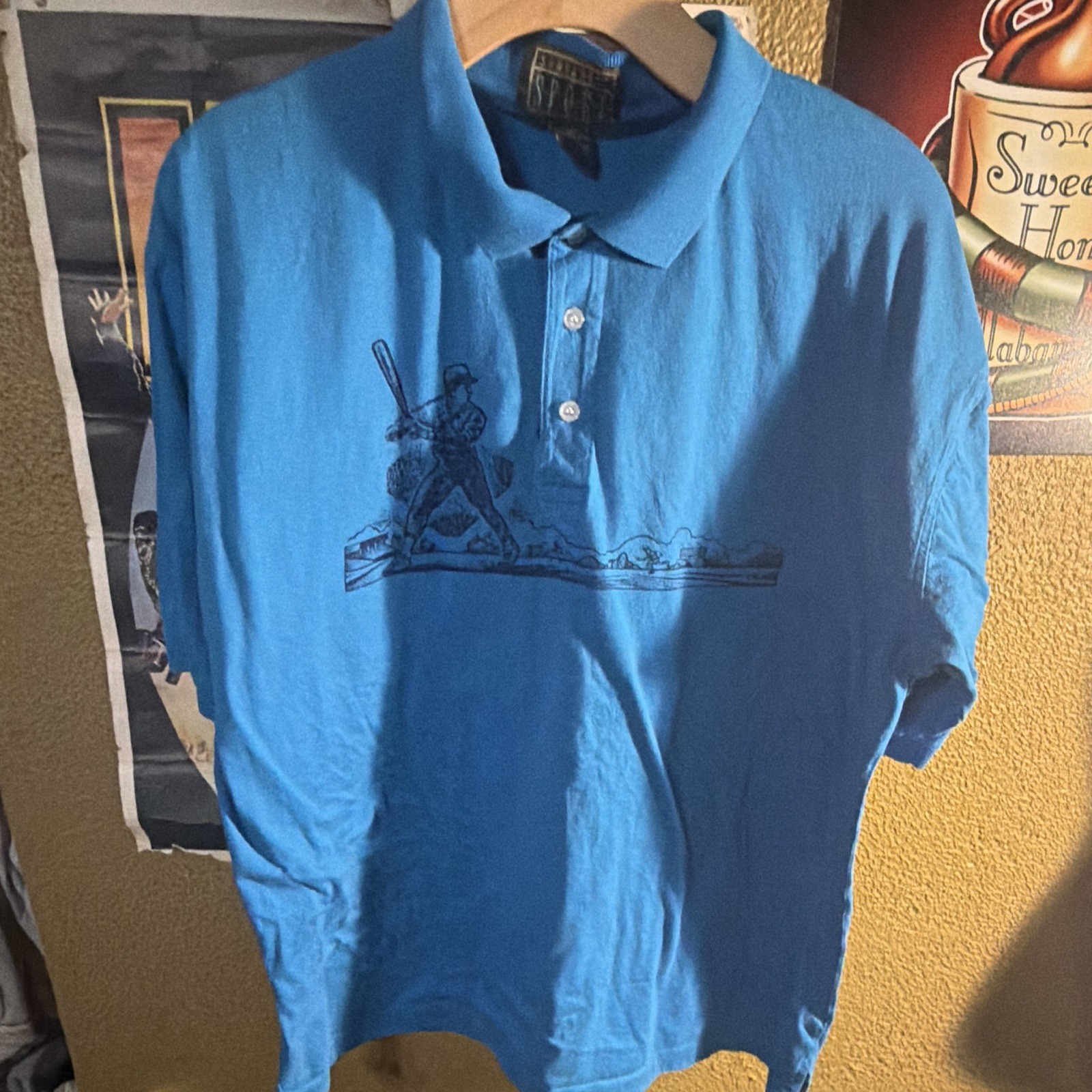 Vintage Sansabelt Men’s XL Blue Short Sleeve Polo Baseball Player Graphic Print
