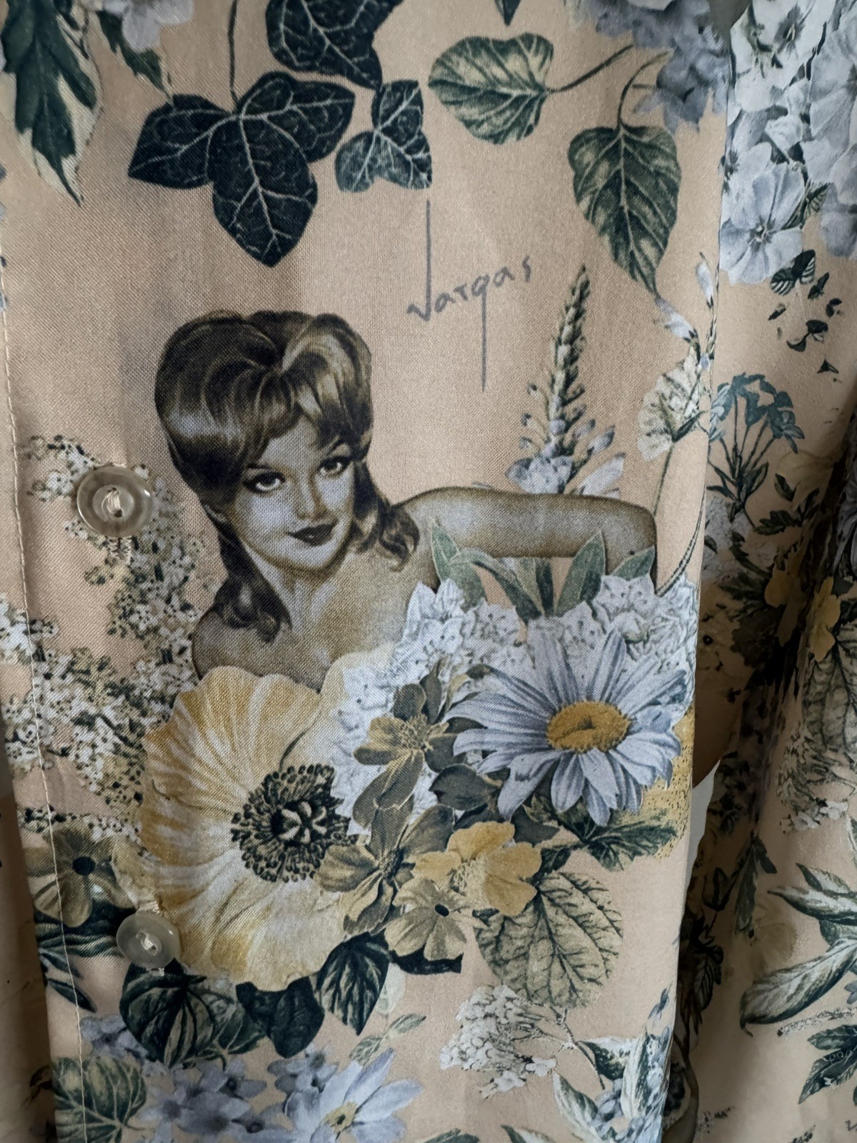 Vintage Alberto Vargas Playboy Floral Collage Girl Chemise Et Cie Button Shirt S