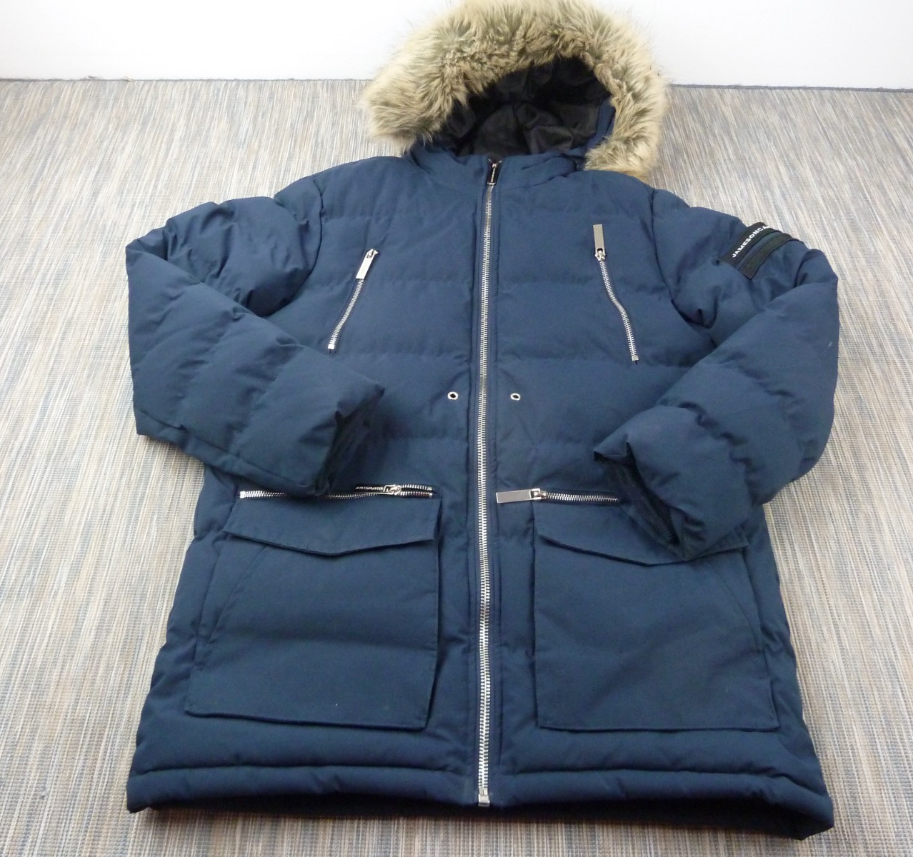 Jameson Carter Puffer Parka Coat Mens Medium Navy Faux Fur Hooded Winter