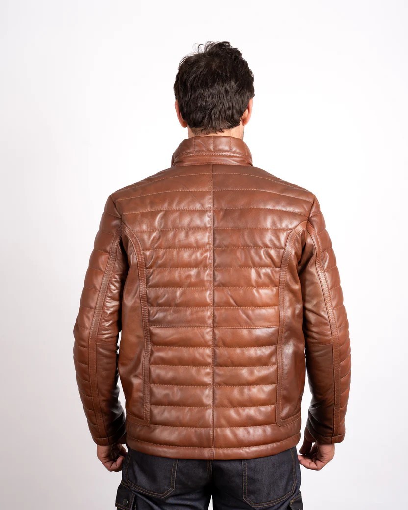 Cafe Racer Leather Jacket Men’s Cognac Brown Lambskin Quilted Motorcycle Coat