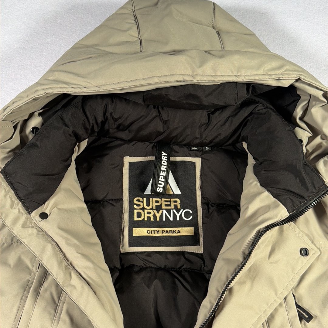Superdry NYC New York City Parka Coat Men’s S-M Beige Grey Hood Padded M5011754A