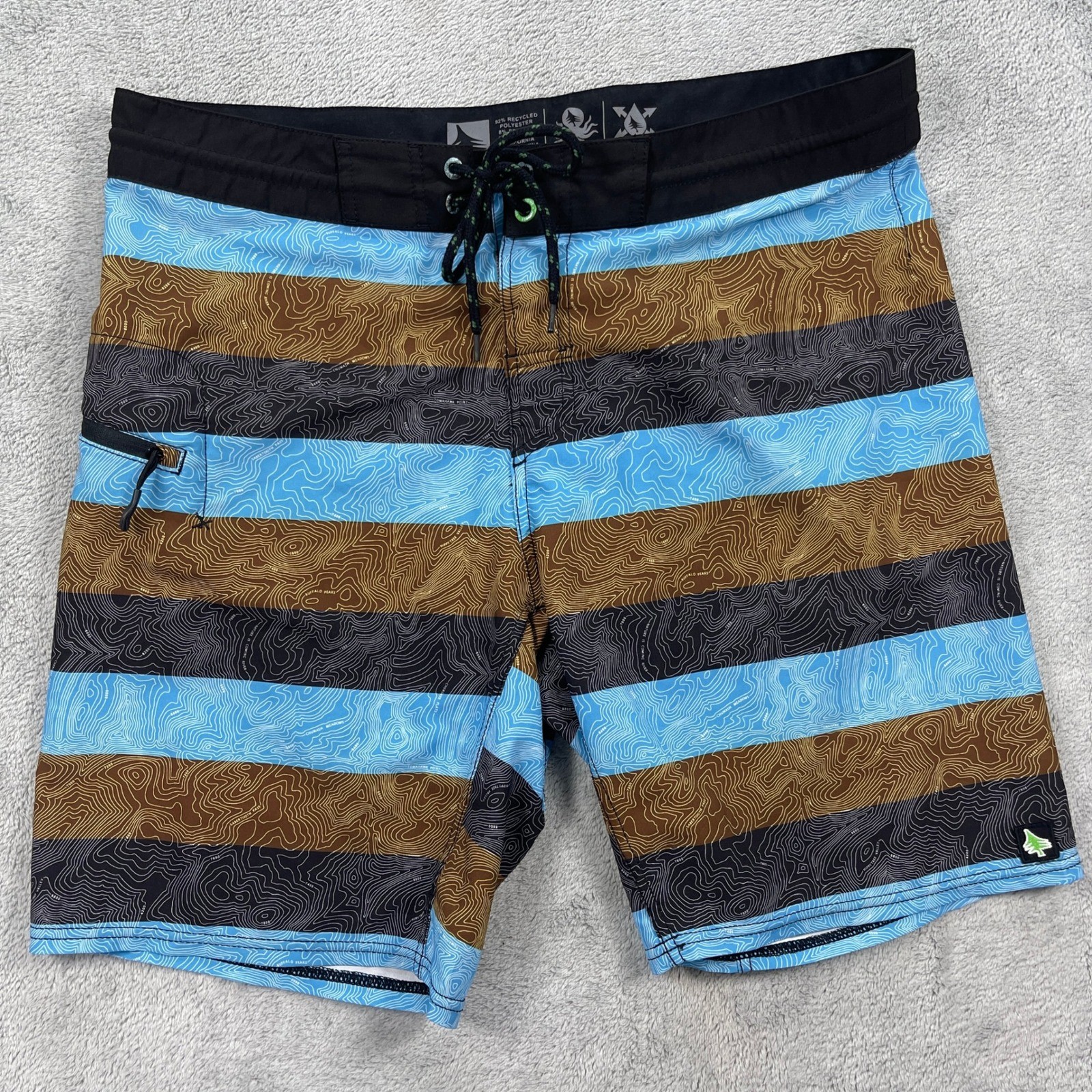 Happy Tree Board Shorts Mens 36 Blue Brown Topographic Stripe Aquatic Division