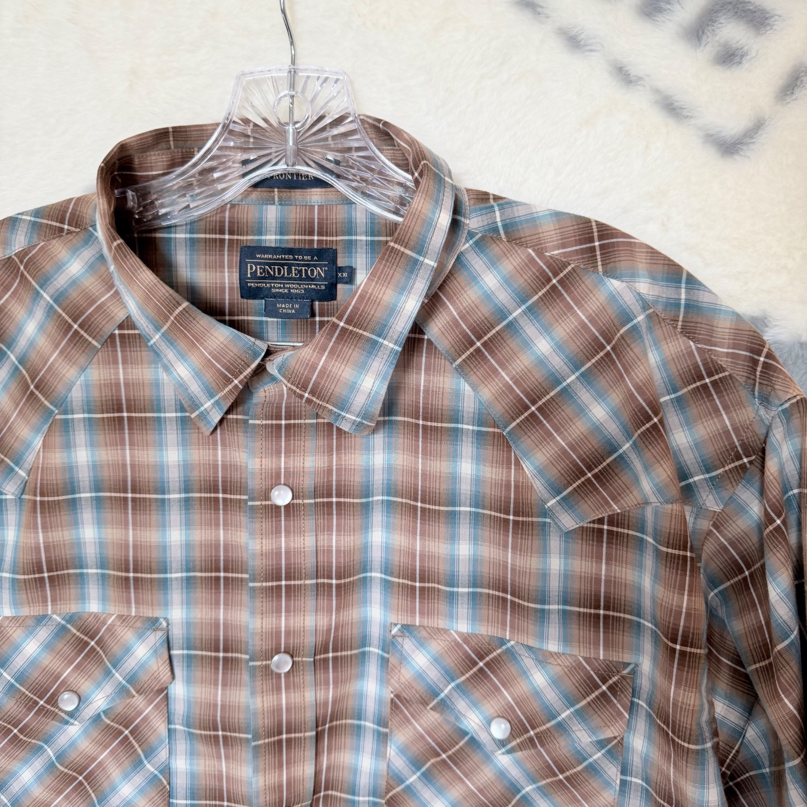 Pendleton Men’s XXL Plaid Western Shirt Blue Brown Pearl Snap Short Sleeve