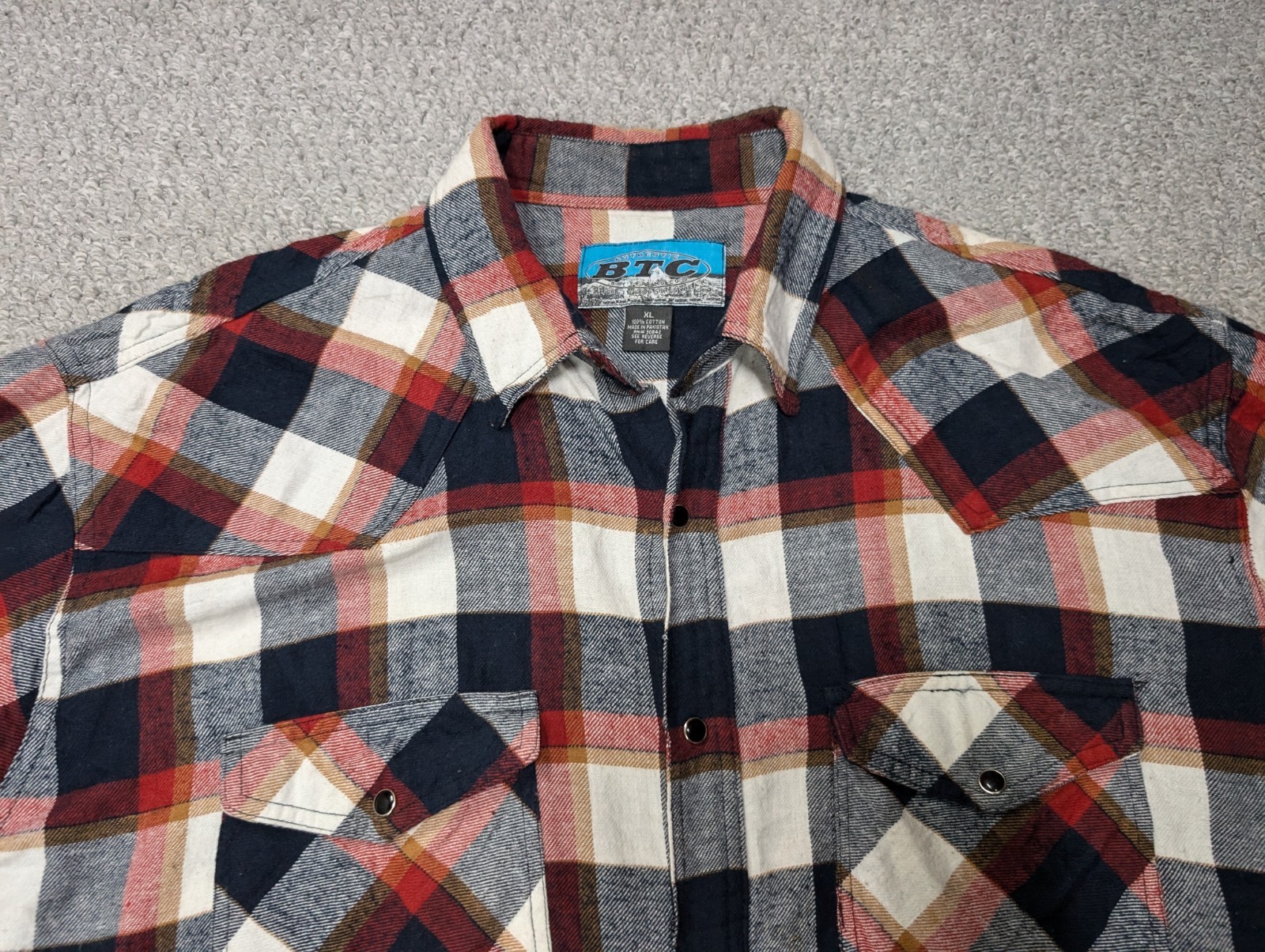 BTC Vintage Men’s Check Plaid Flannel Western Worker Snap Button Shirt XL