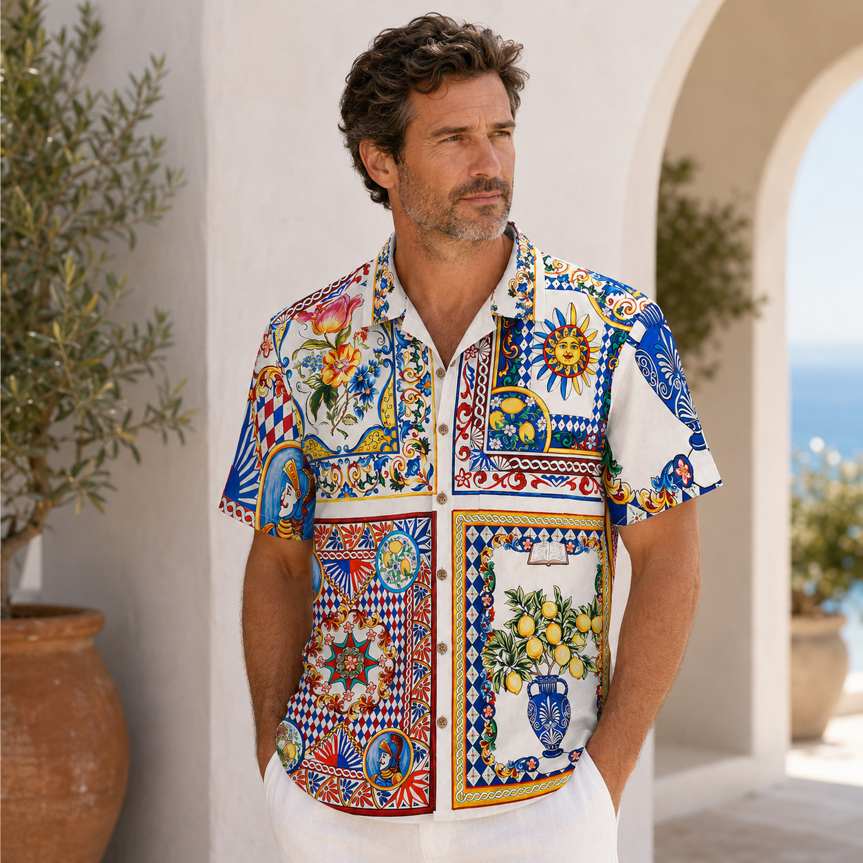 Sicily Lemon Hawaiian Shirt Men Italian Majolica Printed Summer Vacation Aloha