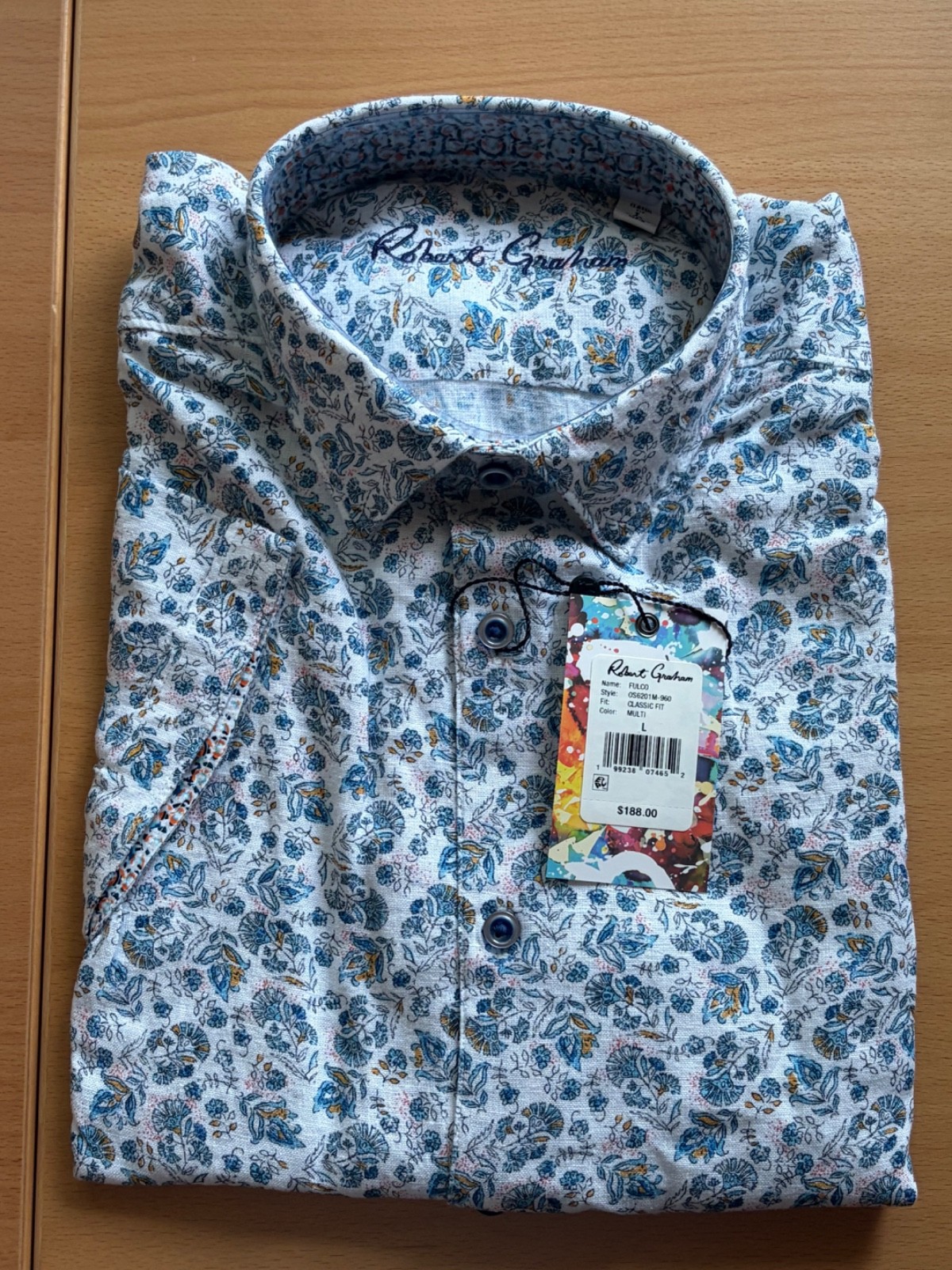 ROBERT GRAHAM Mens L Fulco Short Sleeve Linen Blend Floral Button Shirt $188!