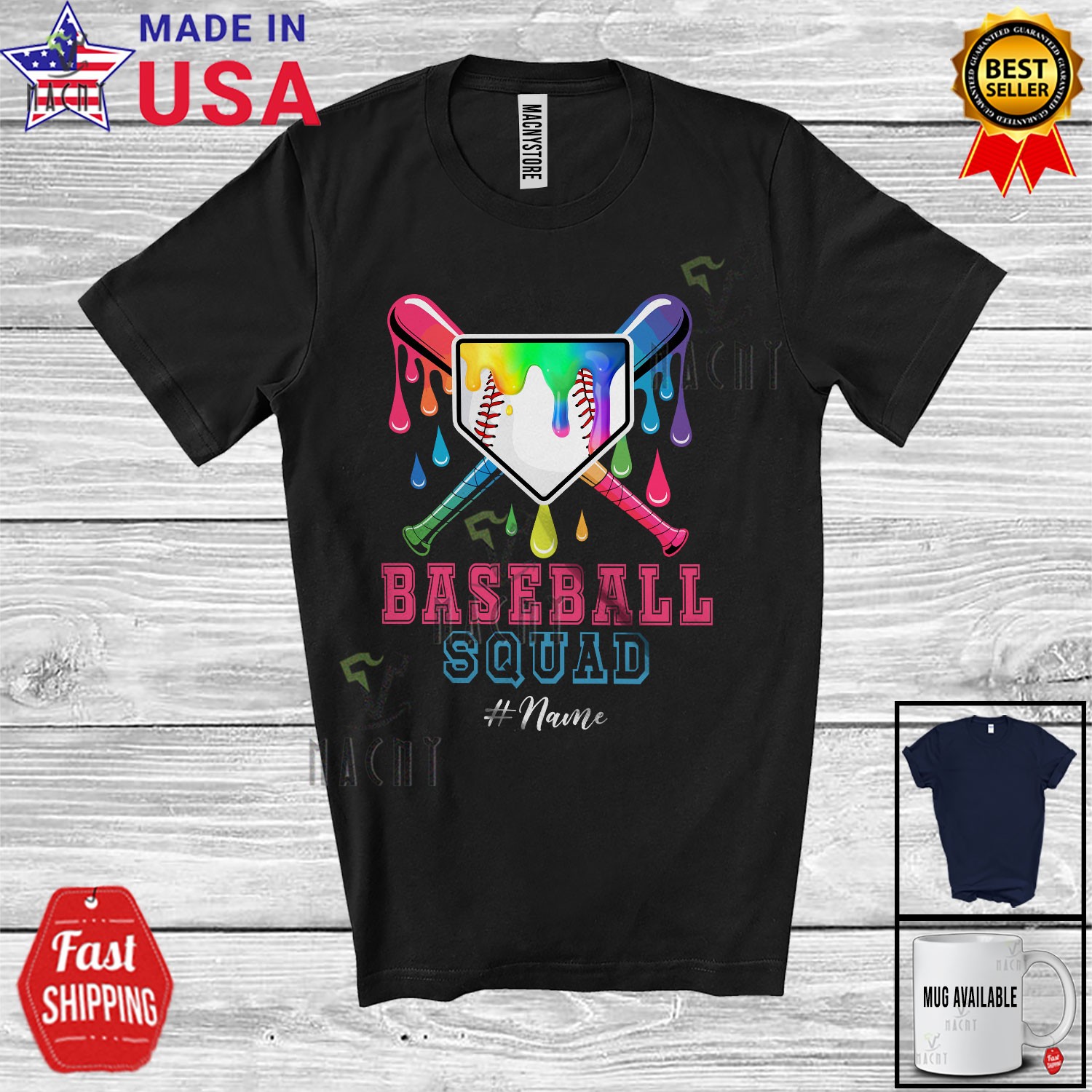 Baseball Squad; Colorful Drip Baseball Equipment; Custom Name Player T-Shirt