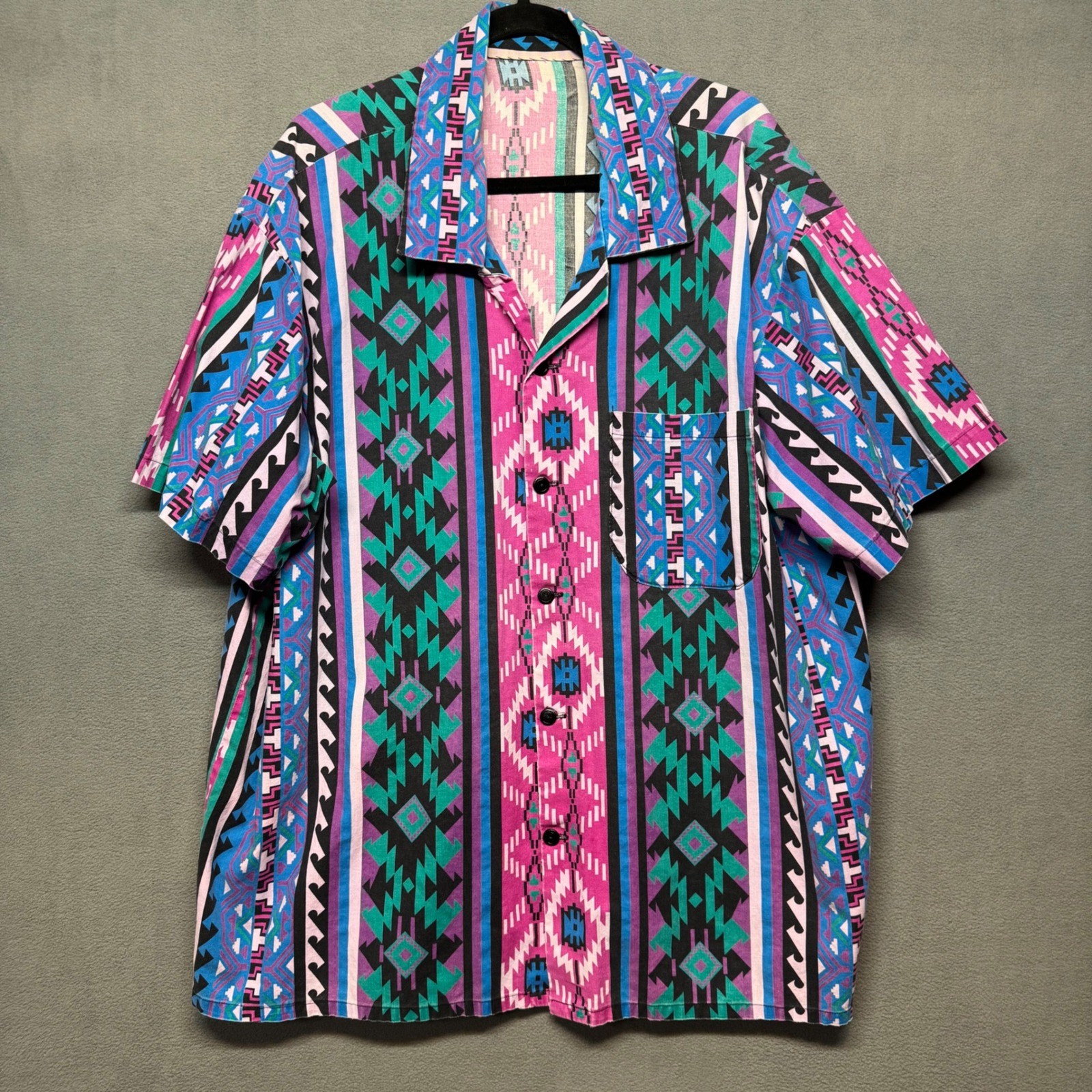 Vtg Handmade Button Up Shirt 90s Aztec Southwestern Pattern Multi-Color Retro