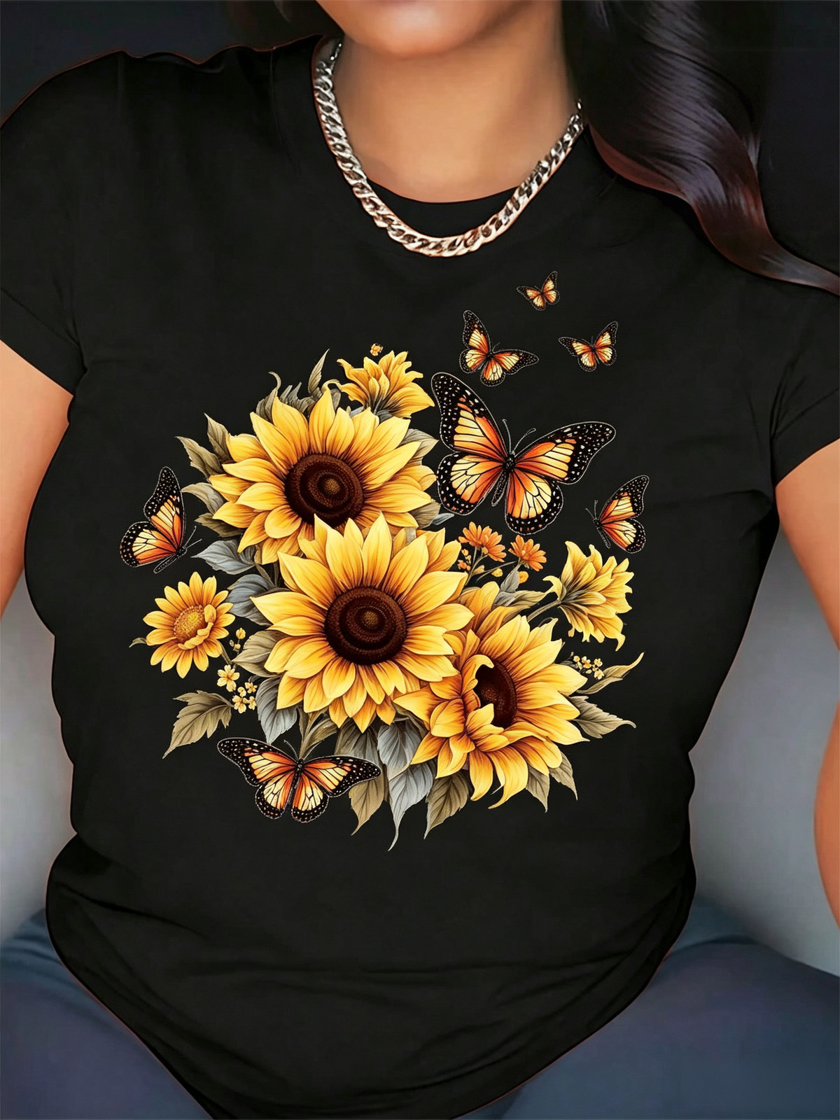 Sunflower Butterfly Print TShirt – Vibrant Yellow Sunflowers Orange Butterflies