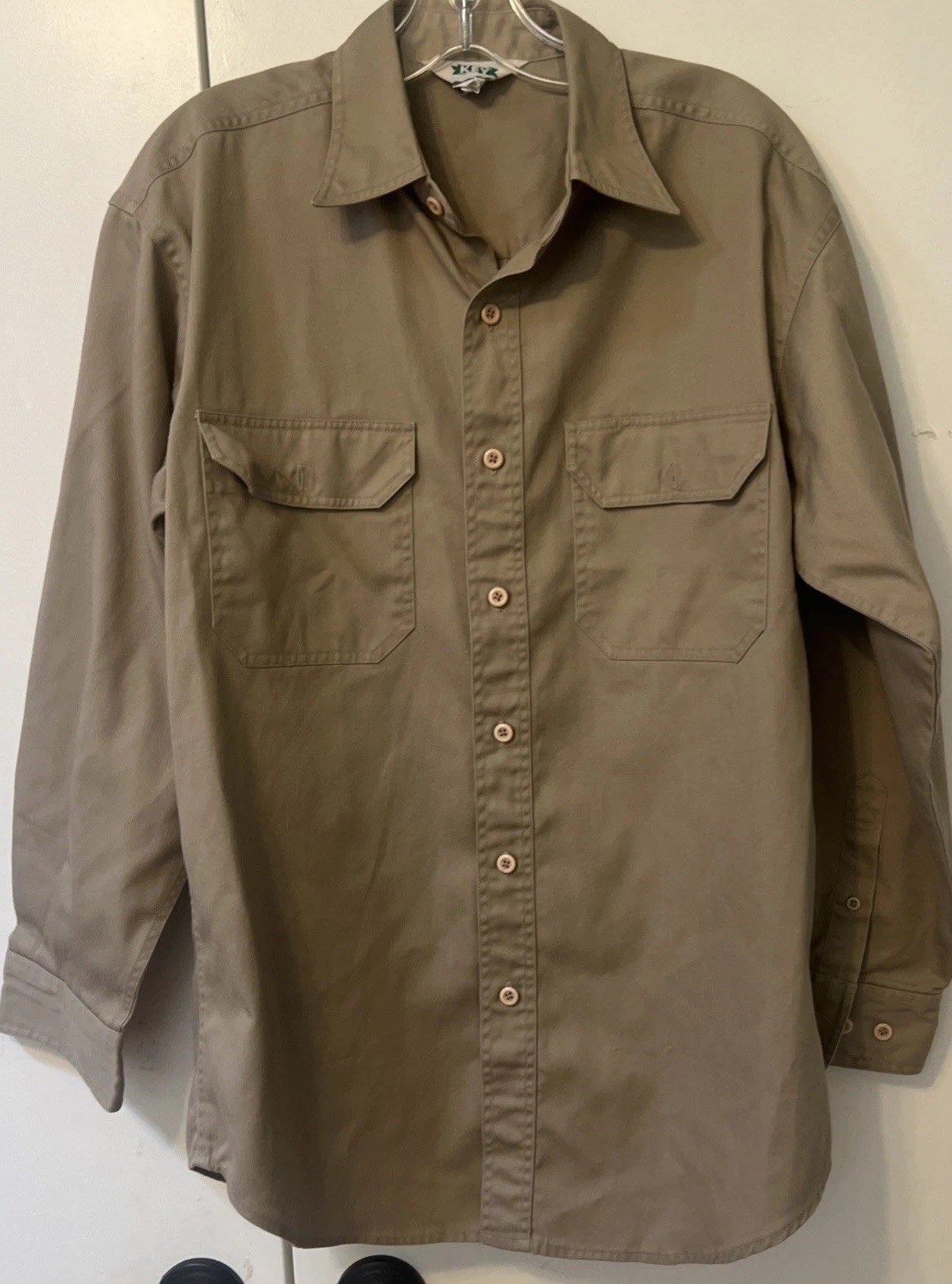 Key Men’s Medium Regular Khaki Work Shirt 65/35 Twill Utility Button Front VTG