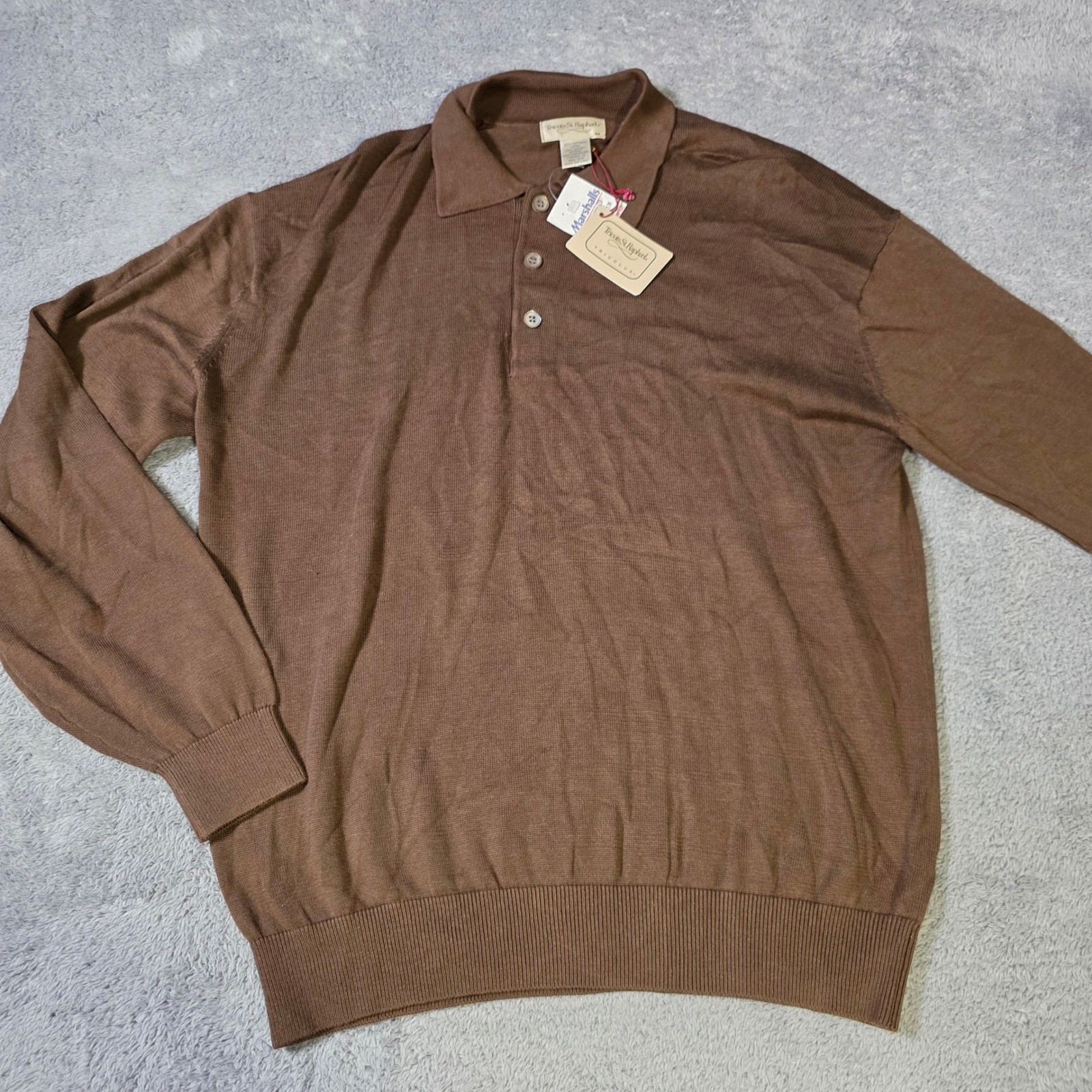 Tricots St Raphael Mens Medium Polo Sweater Brown British Taupe Cotton Rayon NWT