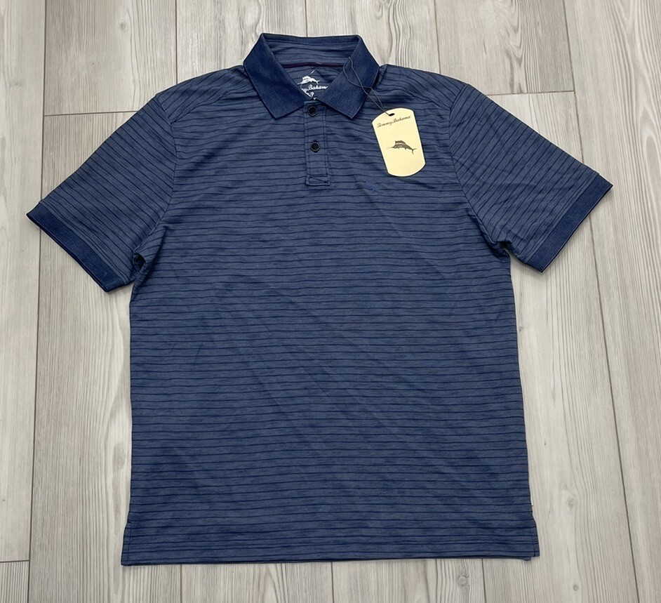 Tommy Bahama Mens Striped Polo Shirt Regular Fit Short Sleeve Island Navy Sz Sm