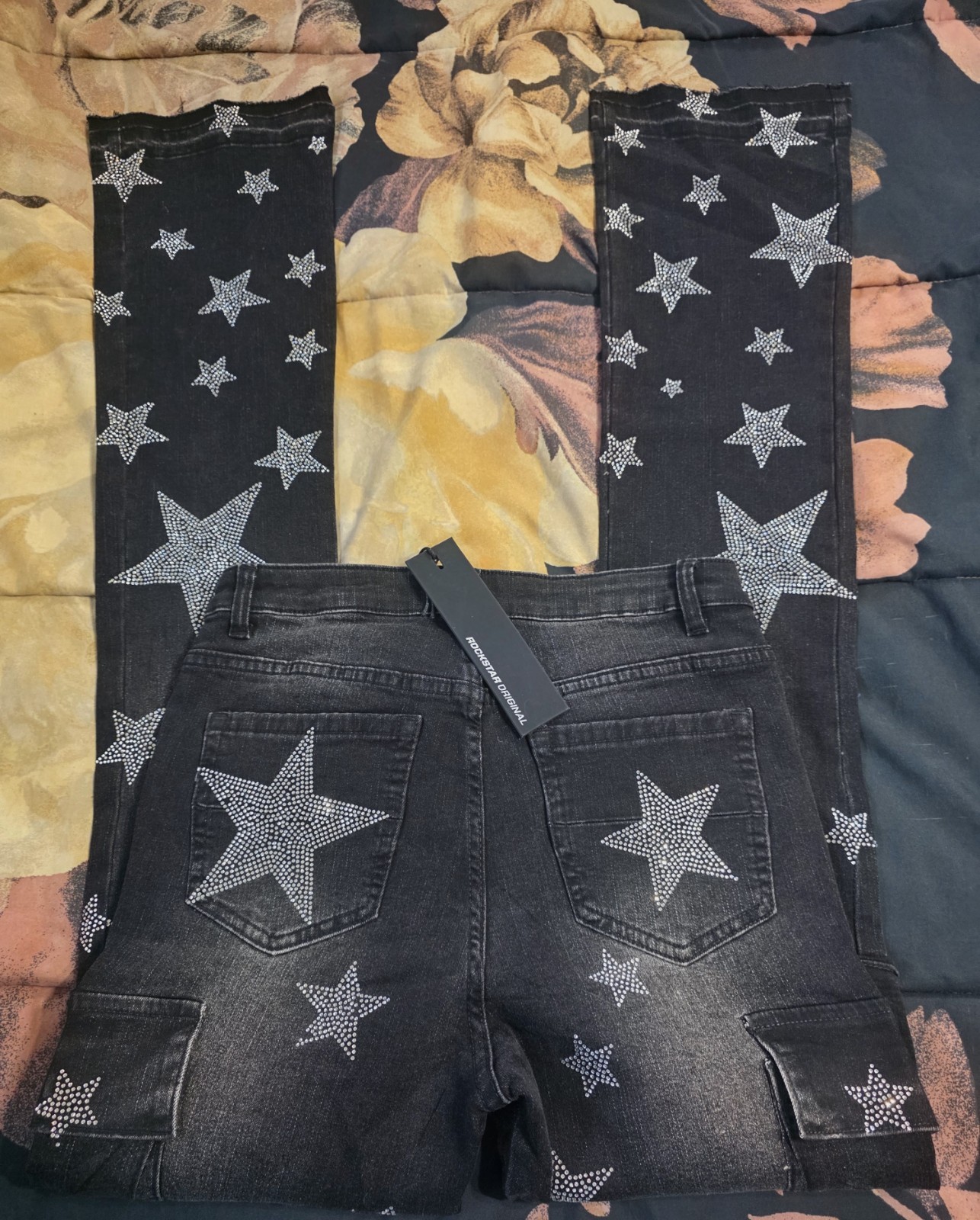 Rockstar Original Men’s Black Star Studded Skinny Jeans Denim Charcoal Wash