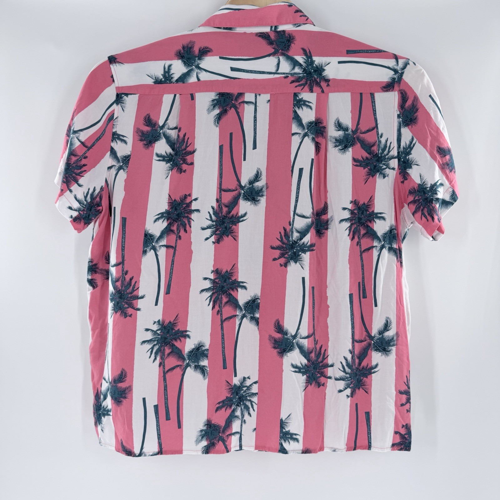 Original Use Tropical Palm Tree Button Up Short Sleeve Shirt XXL Blue Pink White