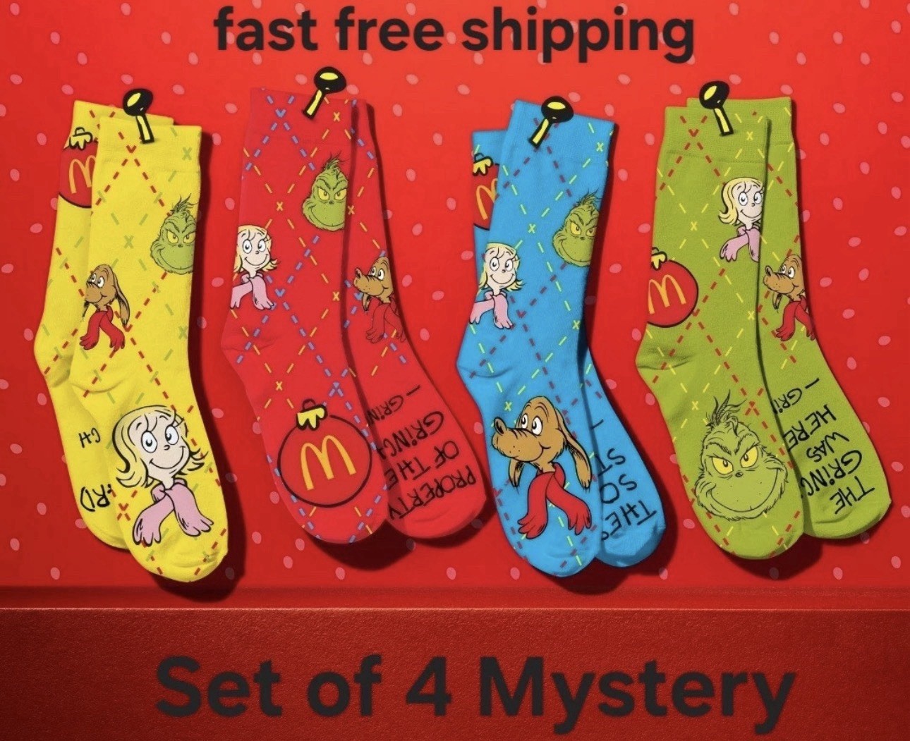 McDonald’s Grinch Socks 2025 Set Of 4 Mystery Sealed Bags Socks New In Hand Gift