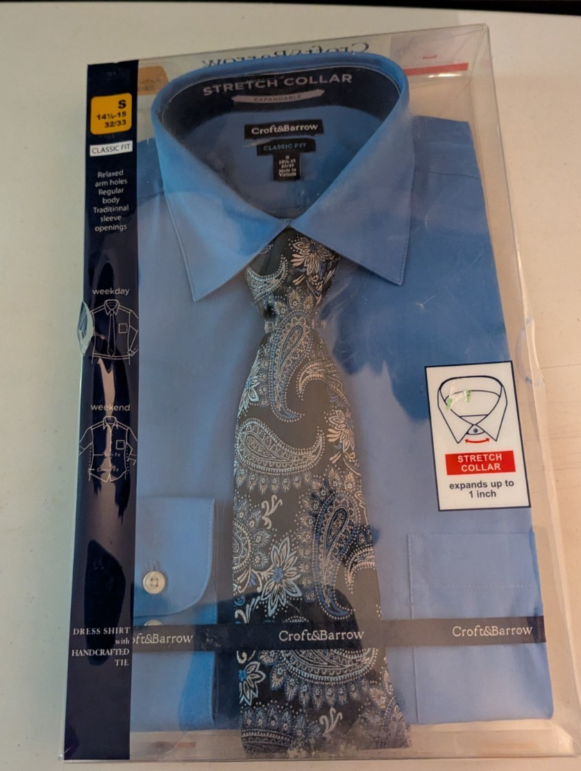 Croft & Barrow men’s S 14.5/15, 32/33 dress shirt and tie combo NIB