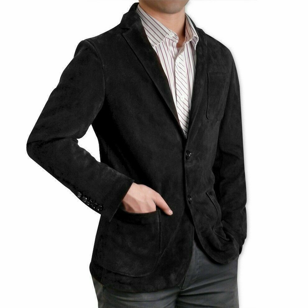 Men Black Suede Blazer Classic Two Button Jacket Genuine Soft Leather Coat