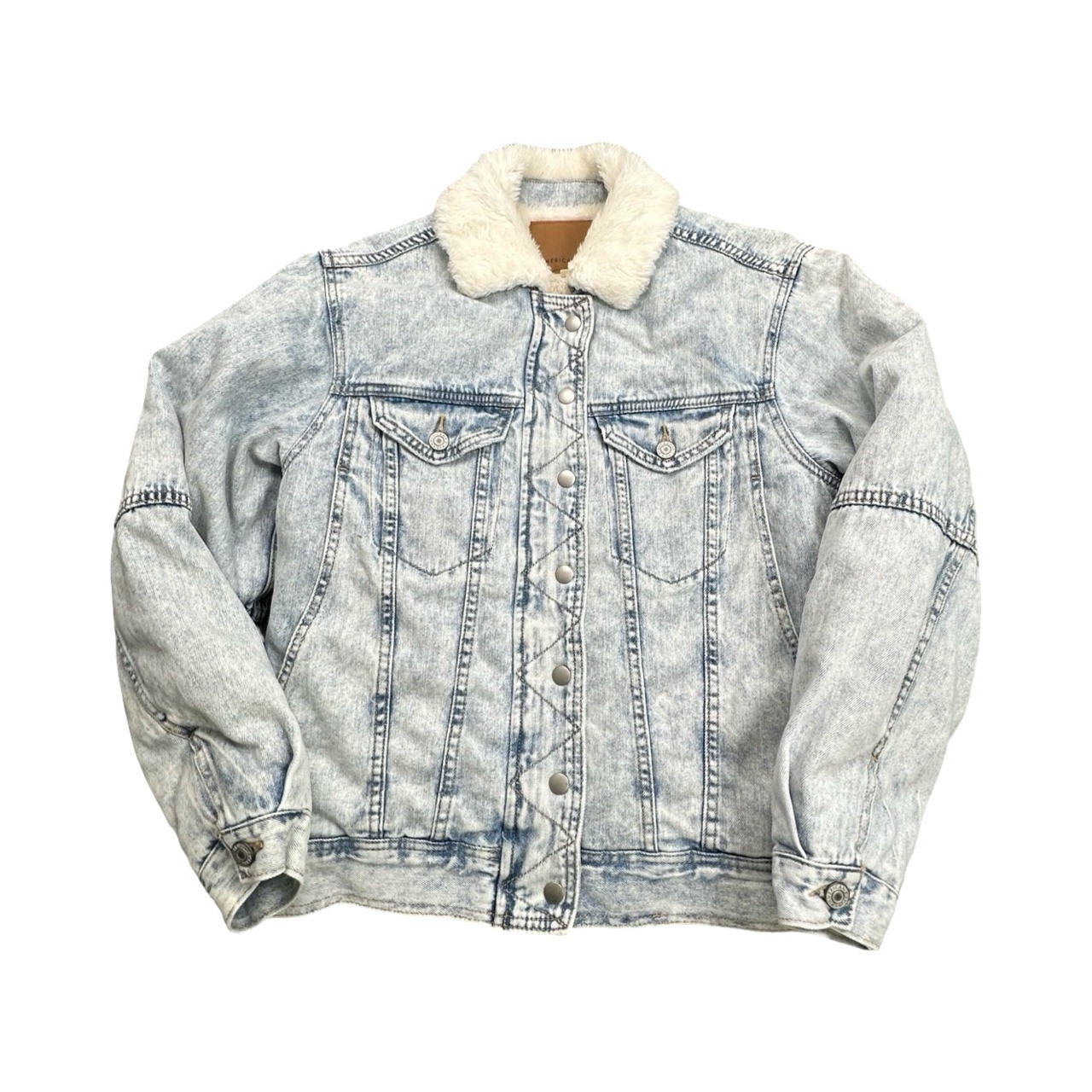 American Eagle Denim Jacket Mens S Blue Acid Wash Faux Fur Lined Sherpa Trucker