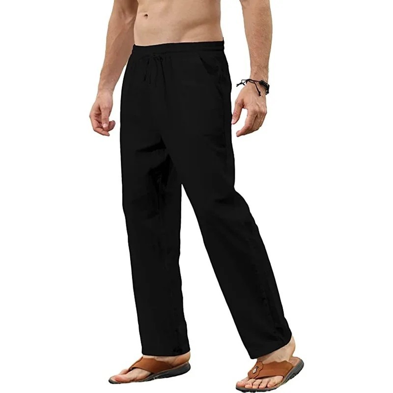 Men’s Cotton Linen Loose Drawstring Jogger Pants Breathable Trousers