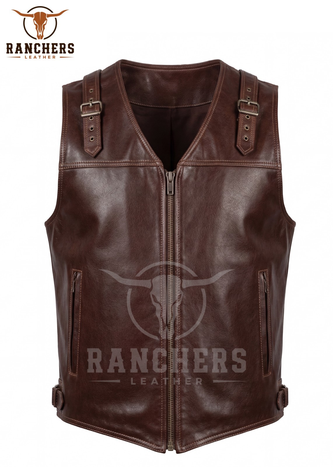 Mens Brown Motorcycle Leather Vest Biker Vest Front Adjustabl Buckle Rider Vest
