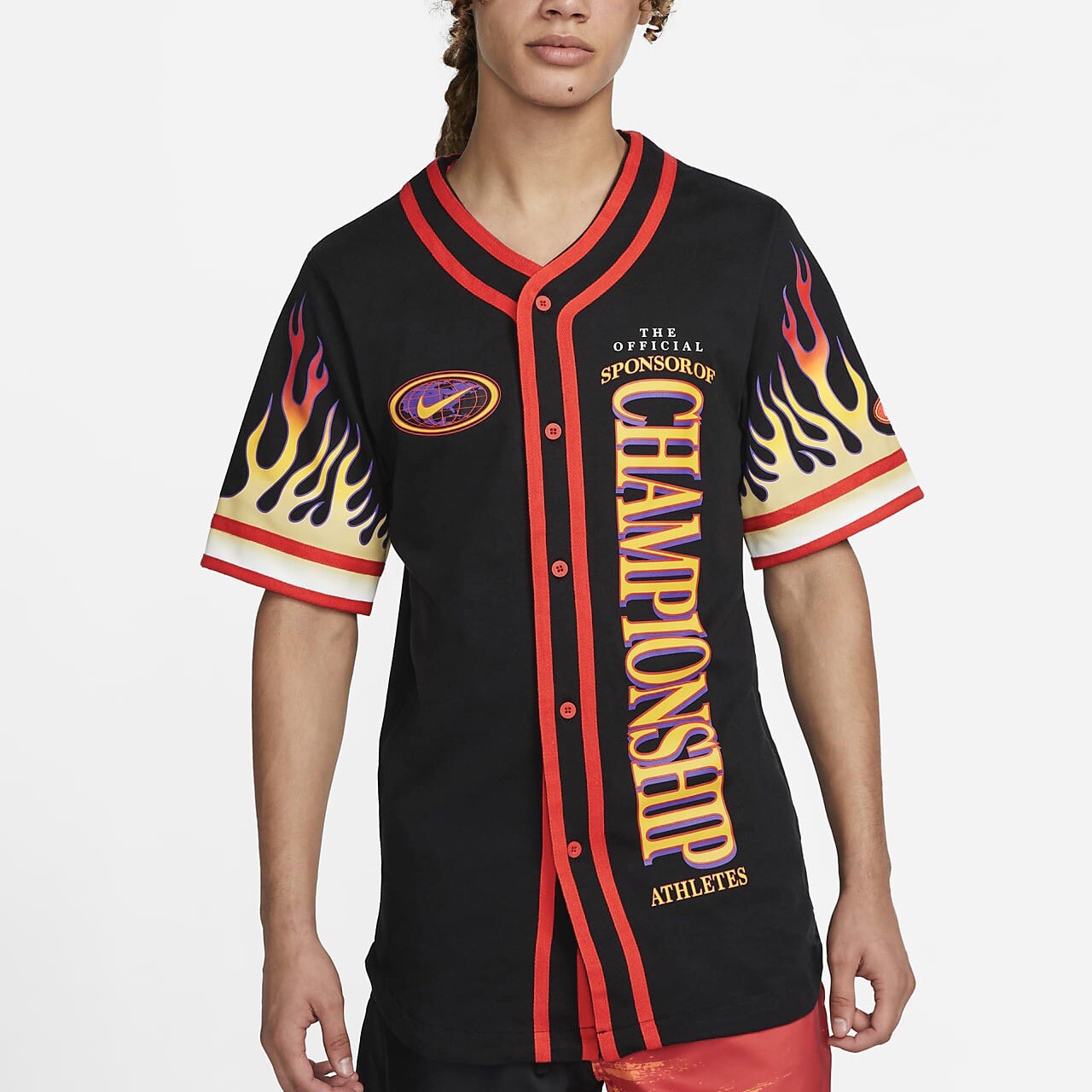 [S] NIKE AMERICANA TOP CHAMPIONSHIP ATHLETES Flames Button Shirt Black Orange
