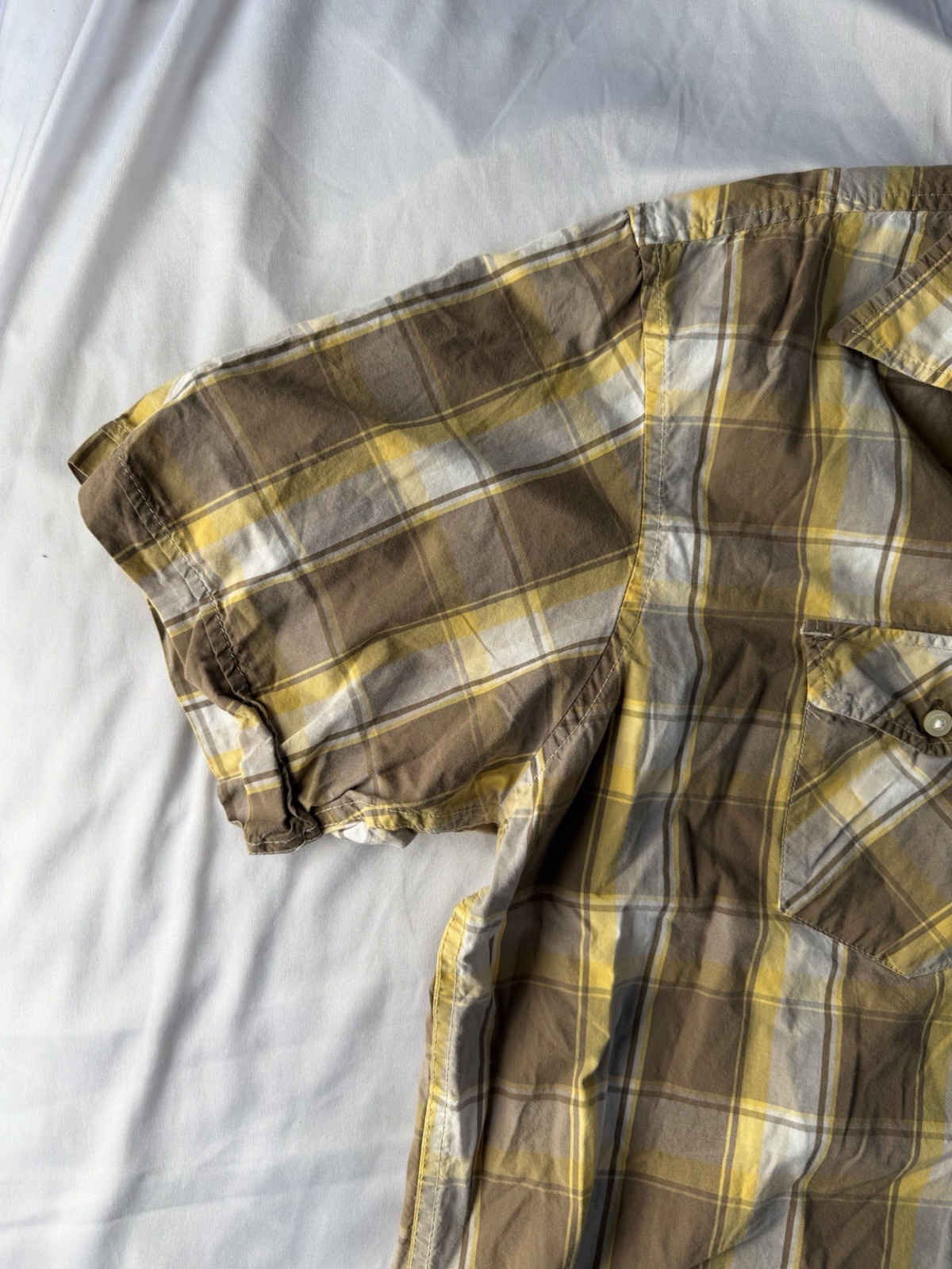 Timberland Button Up Shirt Mens XL Regular Brown Yellow Plaid Cotton Woven