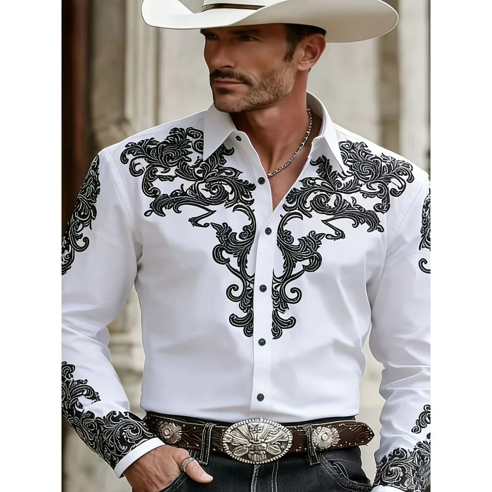 Men’s Western Cowboy Shirt Long Sleeve Retro Printing Casual Buttons Down Shirt