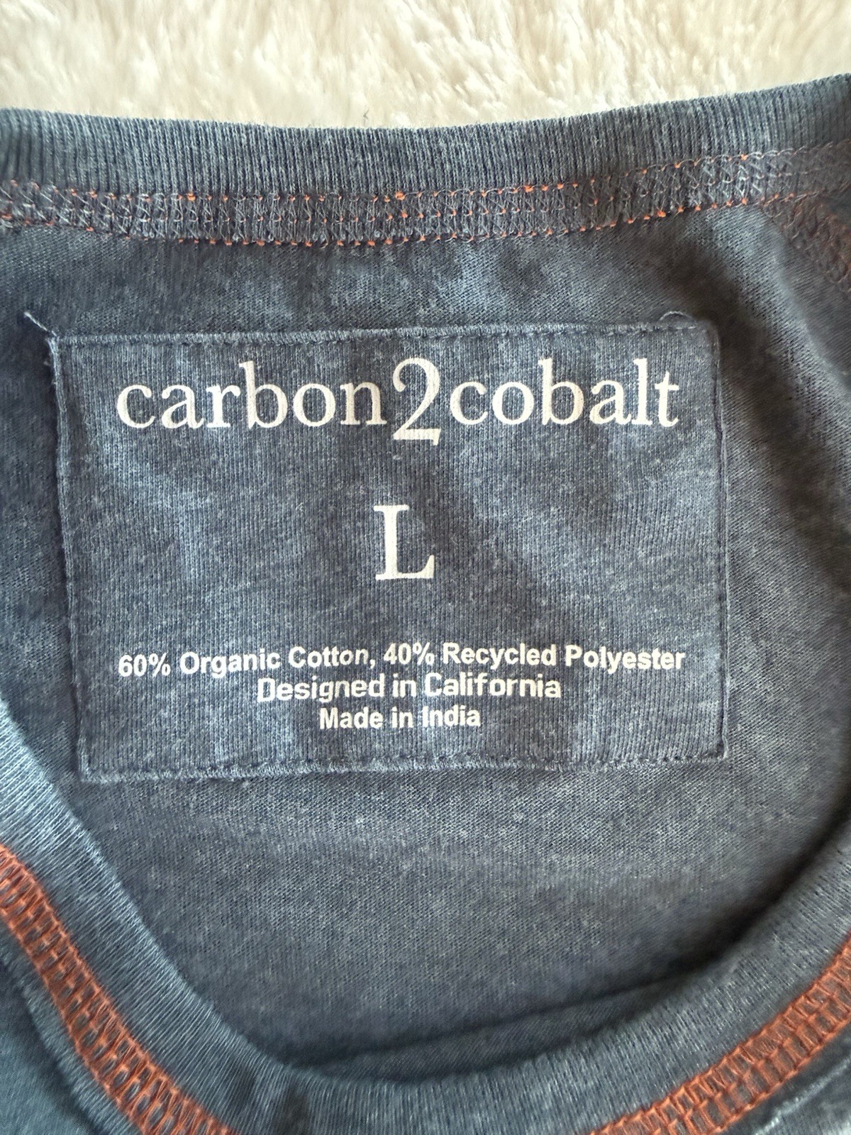 Carbon2Cobalt Men’s Large Blue Orange Contrast Stitch Organic Cotton T-Shirt