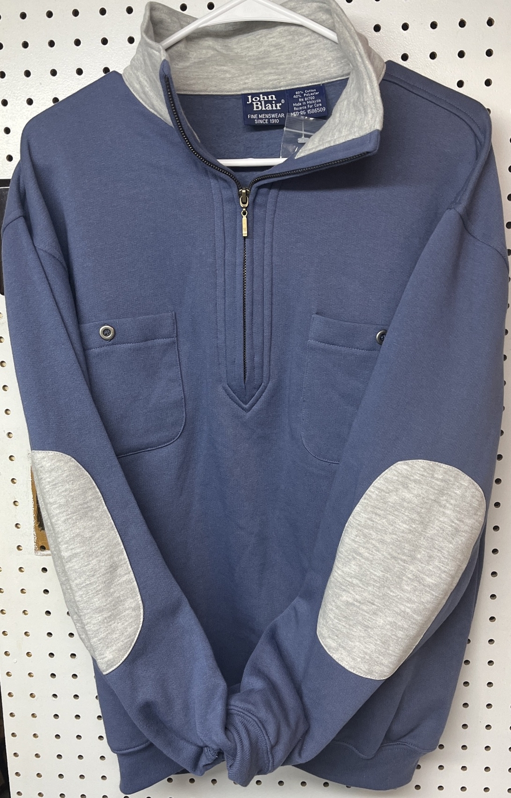 1/2 Zip Office SweatShirt John Blair Elbow Protection Blue Grey Men’s Medium