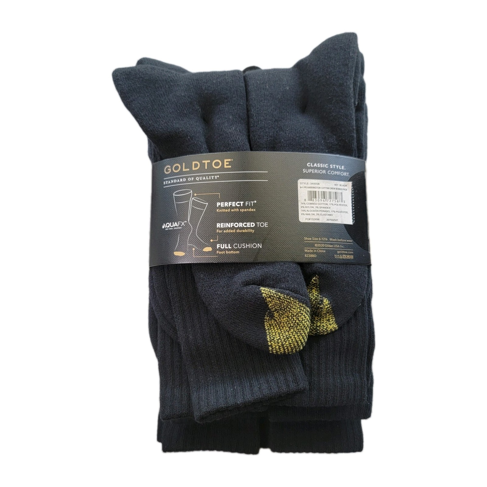 New GoldToe Men’s Black Crew Socks 7 Pack Harrington Collection Size 6-12.5