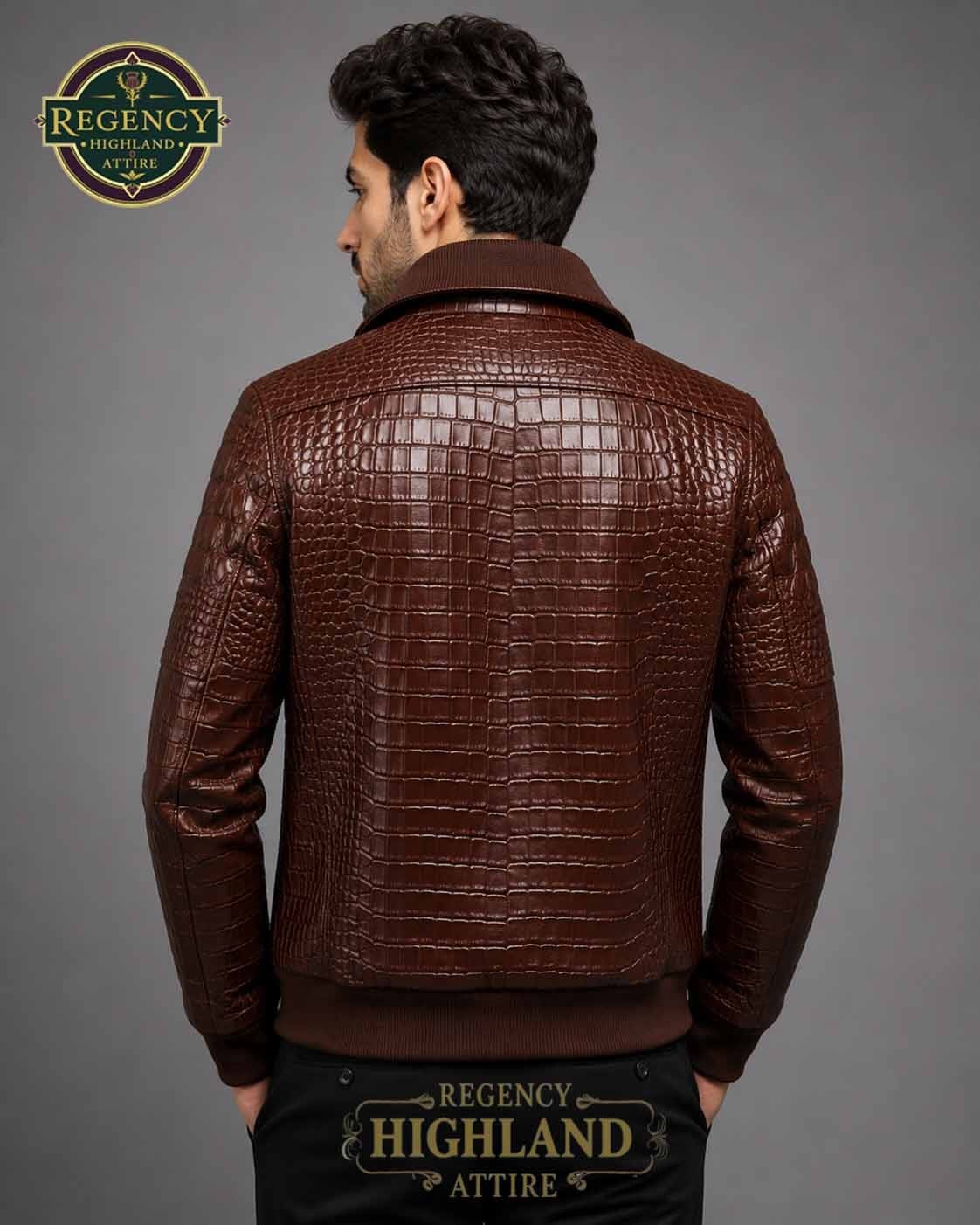 Men’s Brown Crocodile Embossed Genuine Leather Bomber Jacket