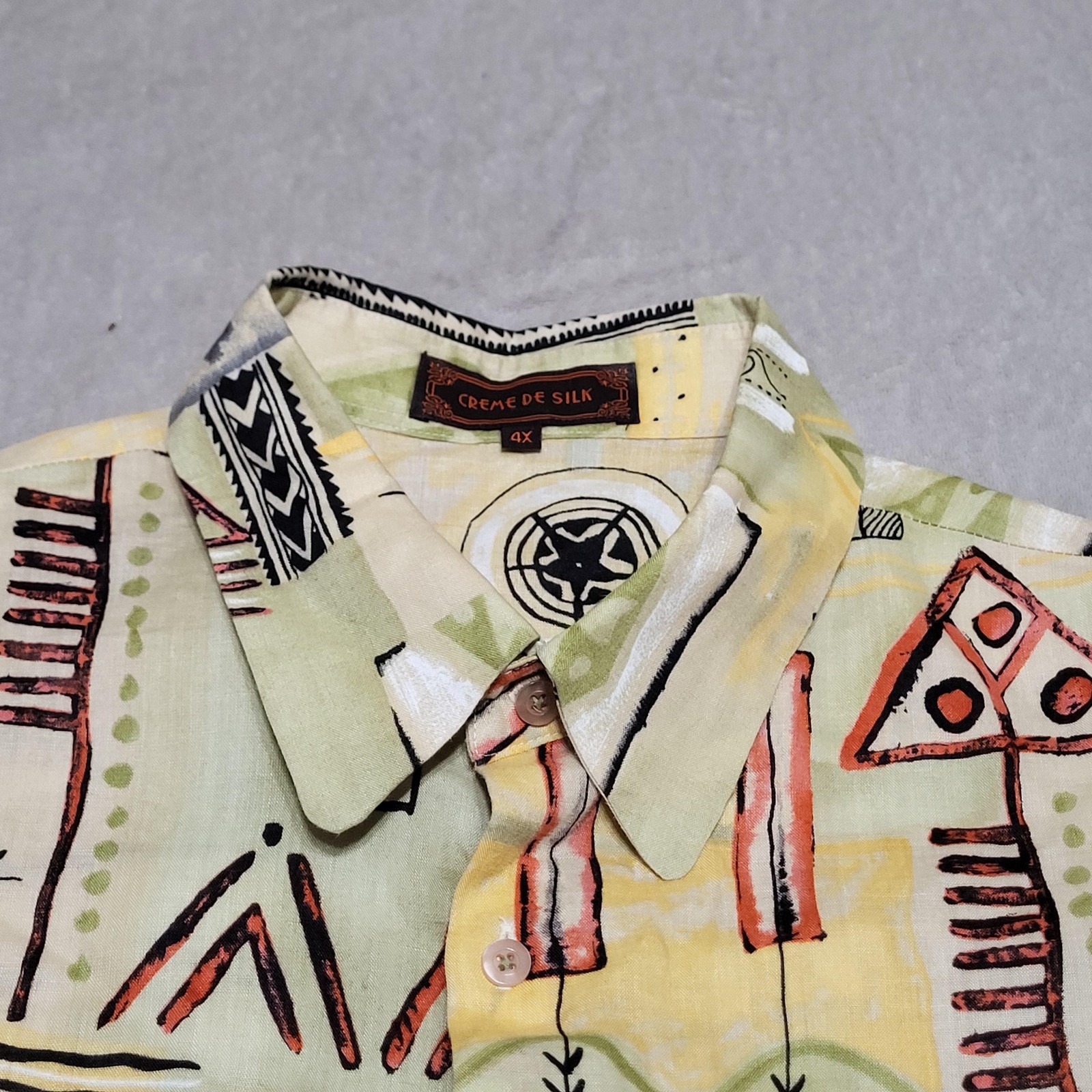 Creme De Silk Shirt Mens 4XL Multicolor Tribal Linen Cotton Short Sleeve Casual
