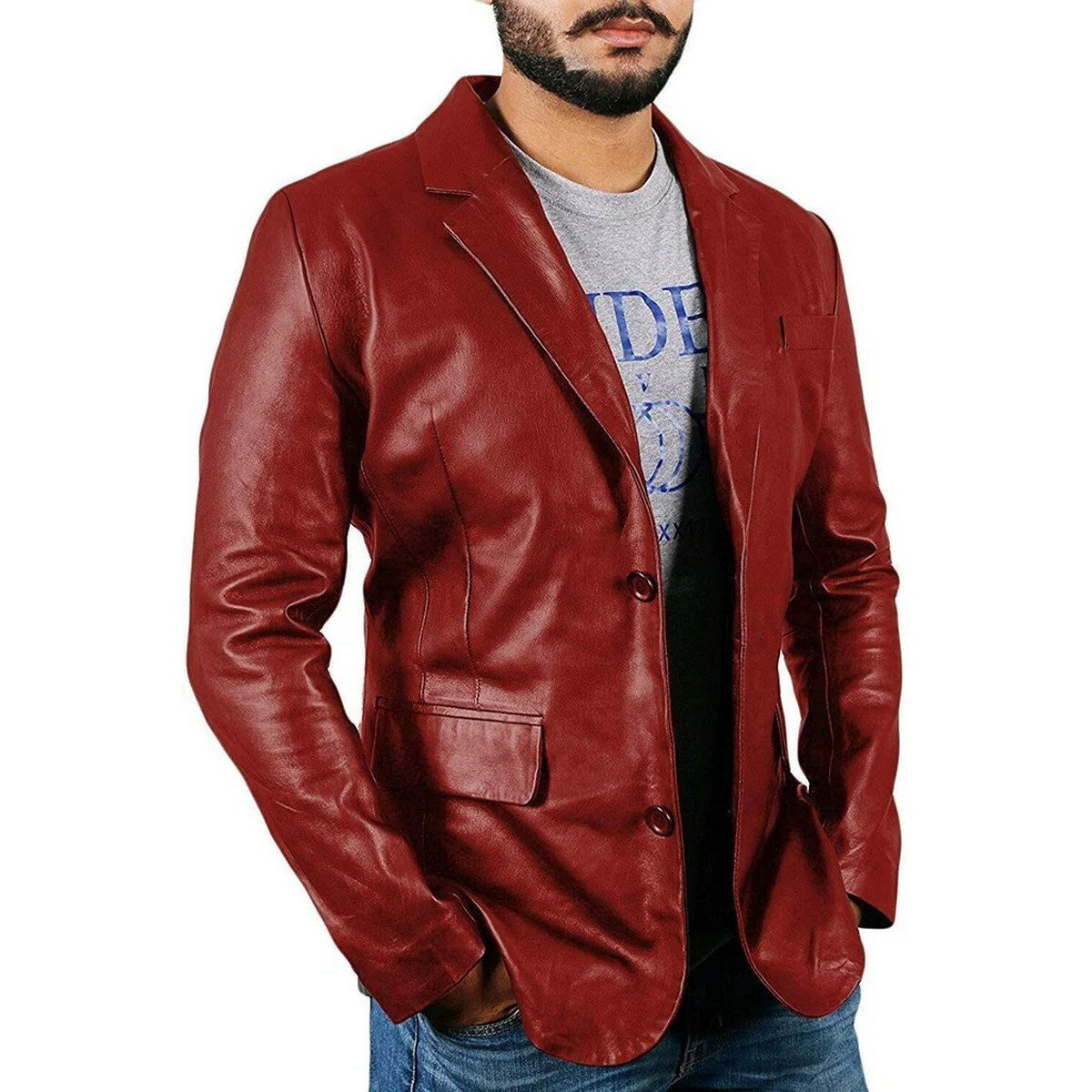 Men’s Dark Red Blazer Genuine Lambskin Leather Two Button Jacket Coat Blazer