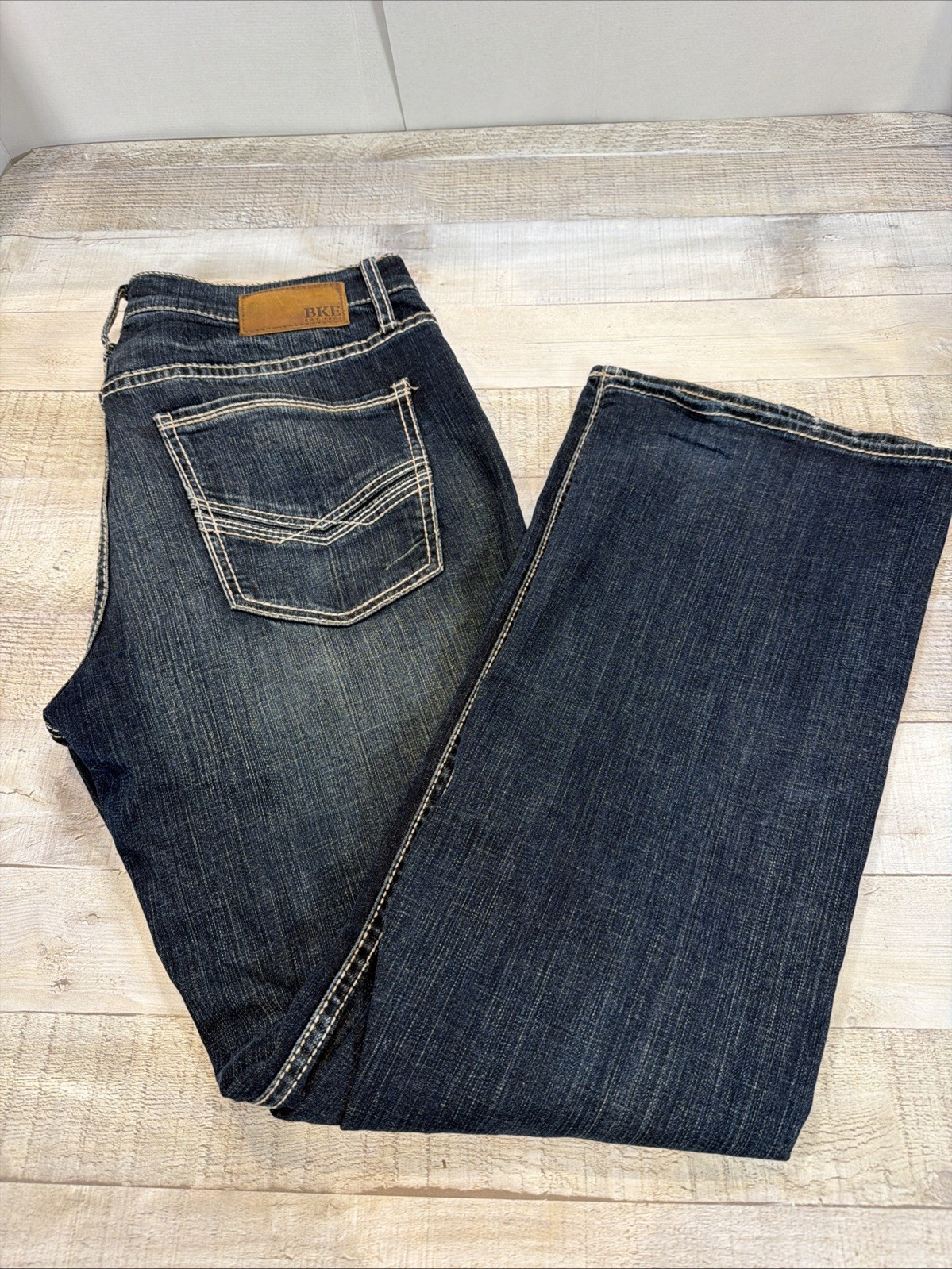 BKE Jake Men’s Jeans Sz 34×32 Dark Wash Straight Leg Stretch Mid Rise Whiskering
