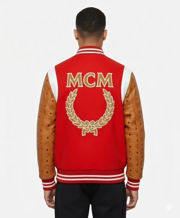 MCM Varsity Bomber Jacket Vintage Authentic Monogram Leather Sleeves
