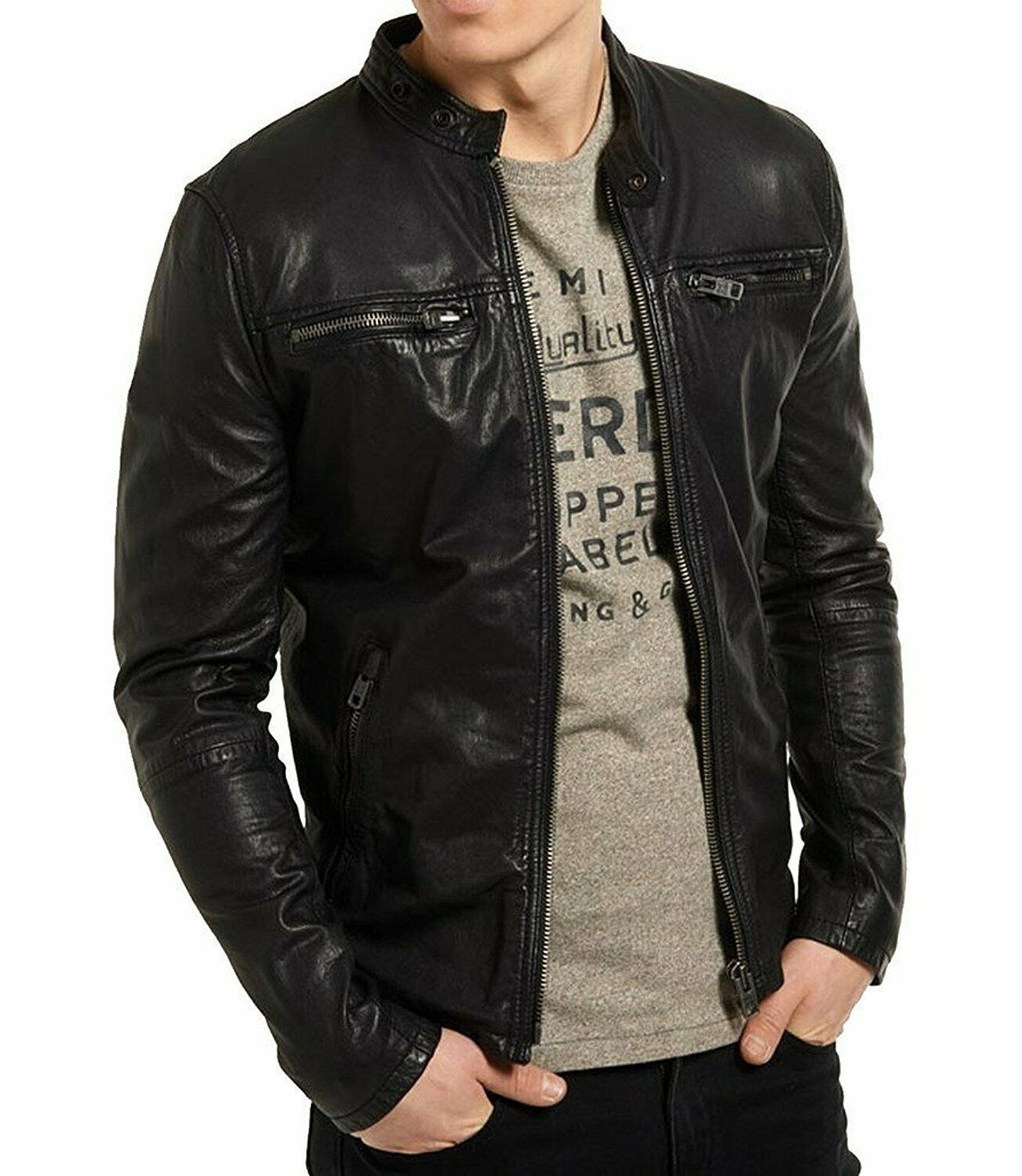 JACKET LEATHER BIKER SLIM FIT MEN MENS S BLACK VINTAGE COAT WINTER MOTORCYCLE 63