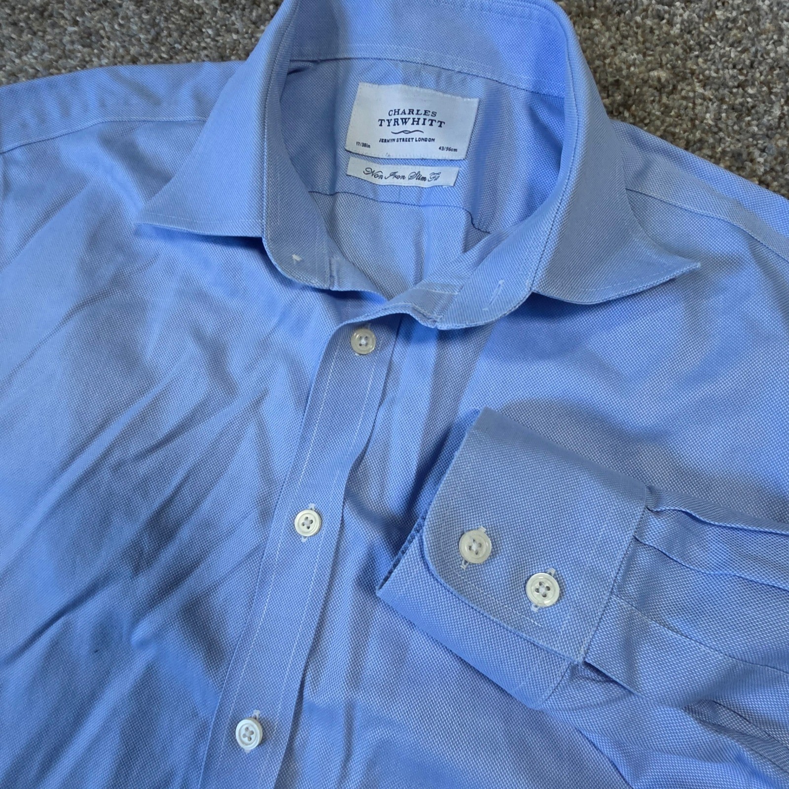 Charles Tyrwhitt Mens Non Iron Slim Fit Dress Shirt Blue 17/38in 43/96cm Cotton