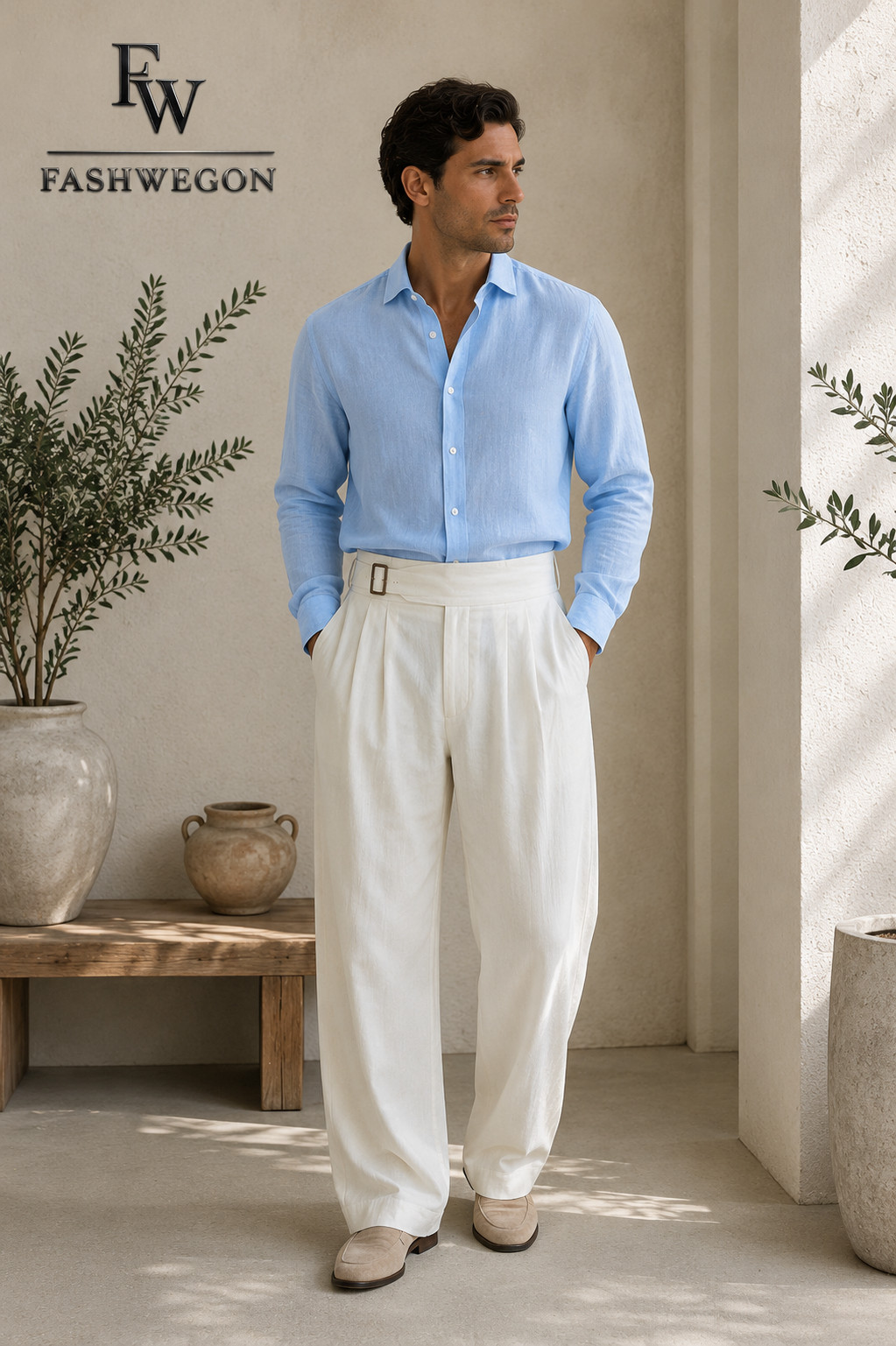 FASHWEGON Men’s Ivory Linen Pleated Trousers High Waist Gurkha Pants