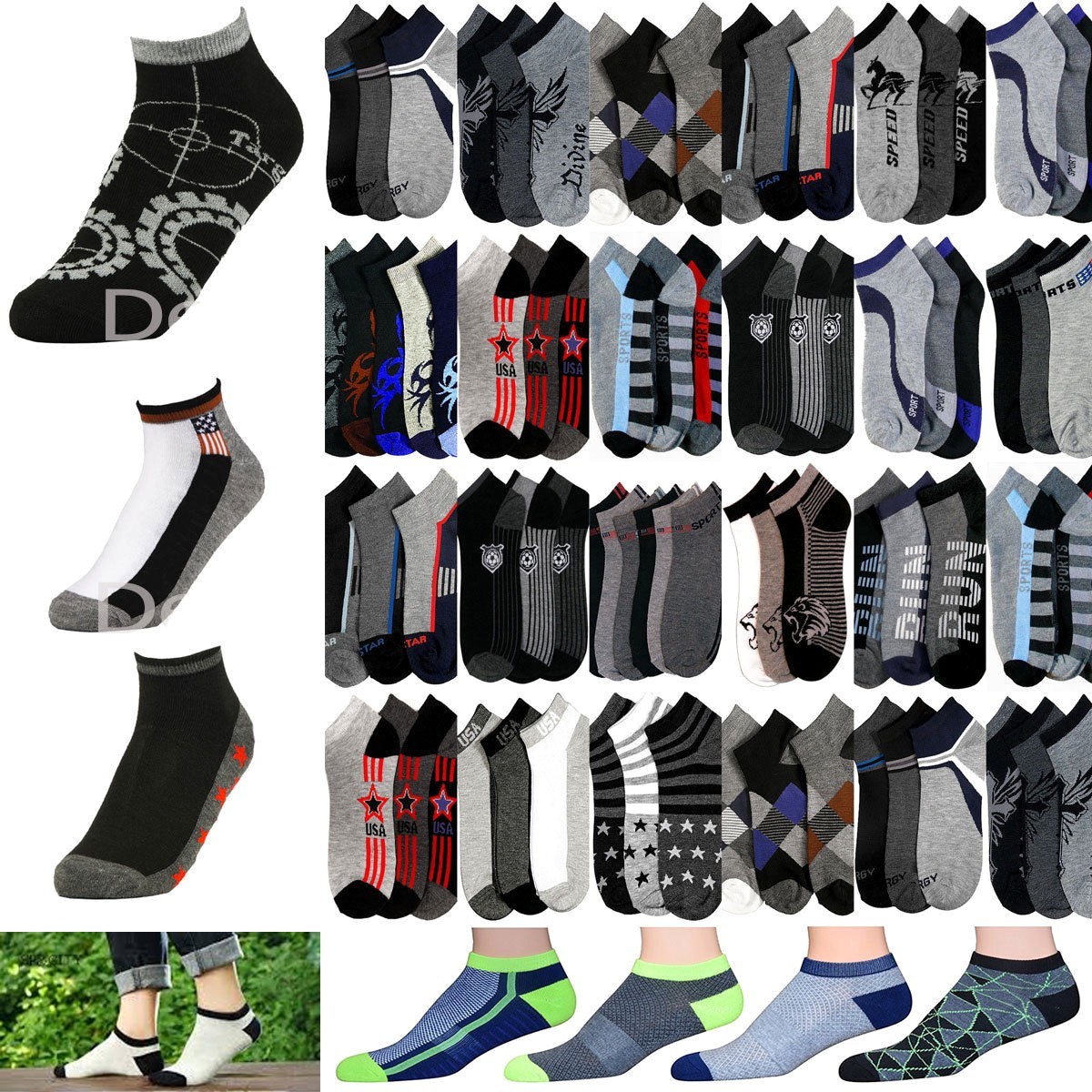 Men’s Mixed Assorted Design Ankle Quarter Low Cut Socks Wholesale Lot Size 10-13