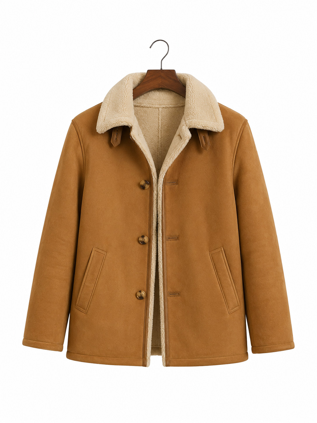 Men’s Camel Wool Shearling Teddy Coat Faux Fur Lined Winter Jacket XXS-5XL