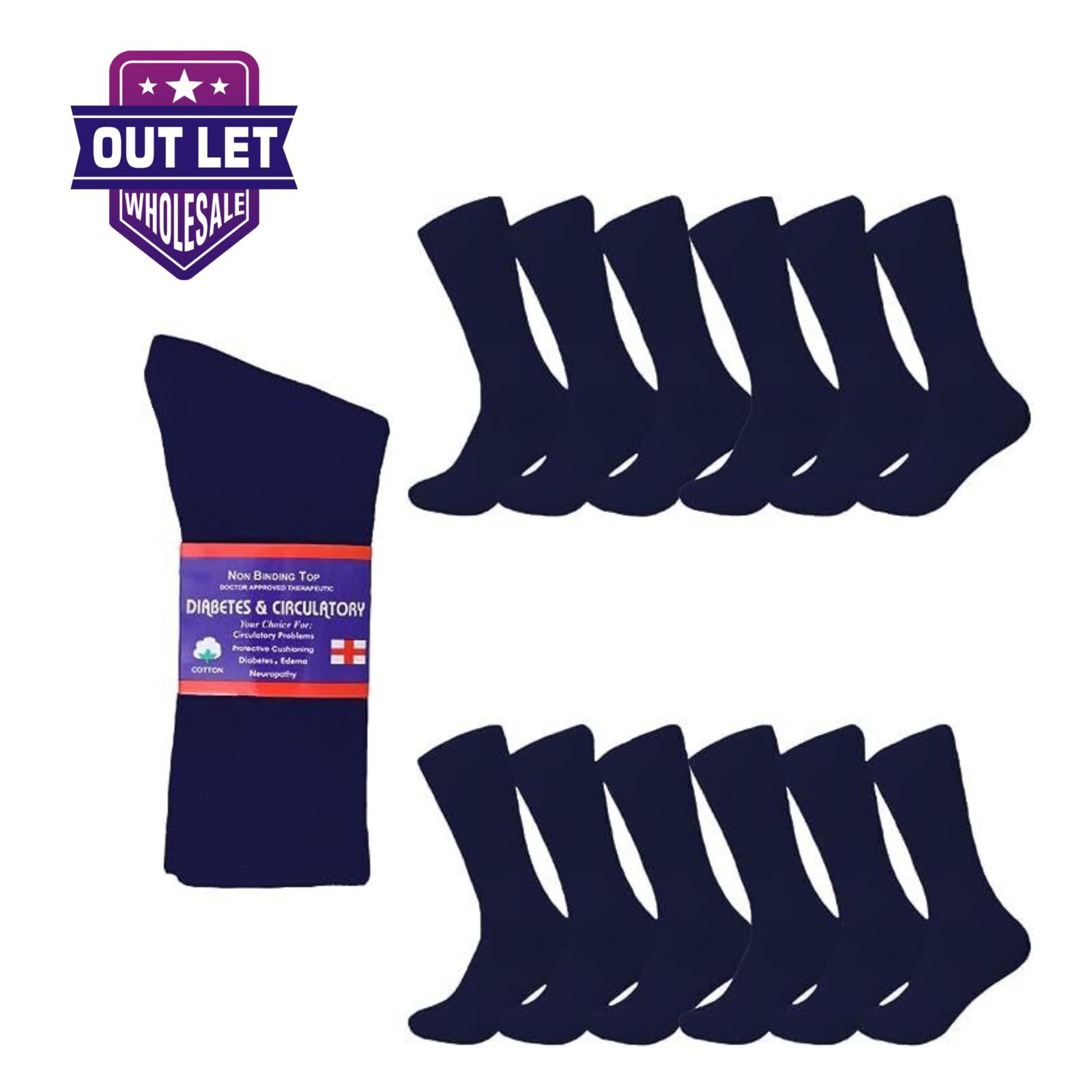 6-12 Pairs Health Circulatory Cotton Crew Diabetic Socks Size 9-11, 10-13, 13-15
