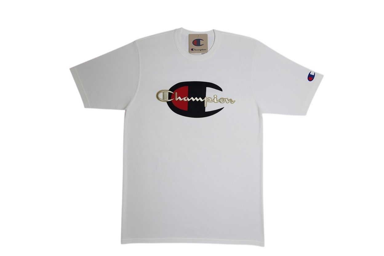 Champion Big Logo T-Shirt Men’s Medium White Graphic Tee Short Sleeve STAINED