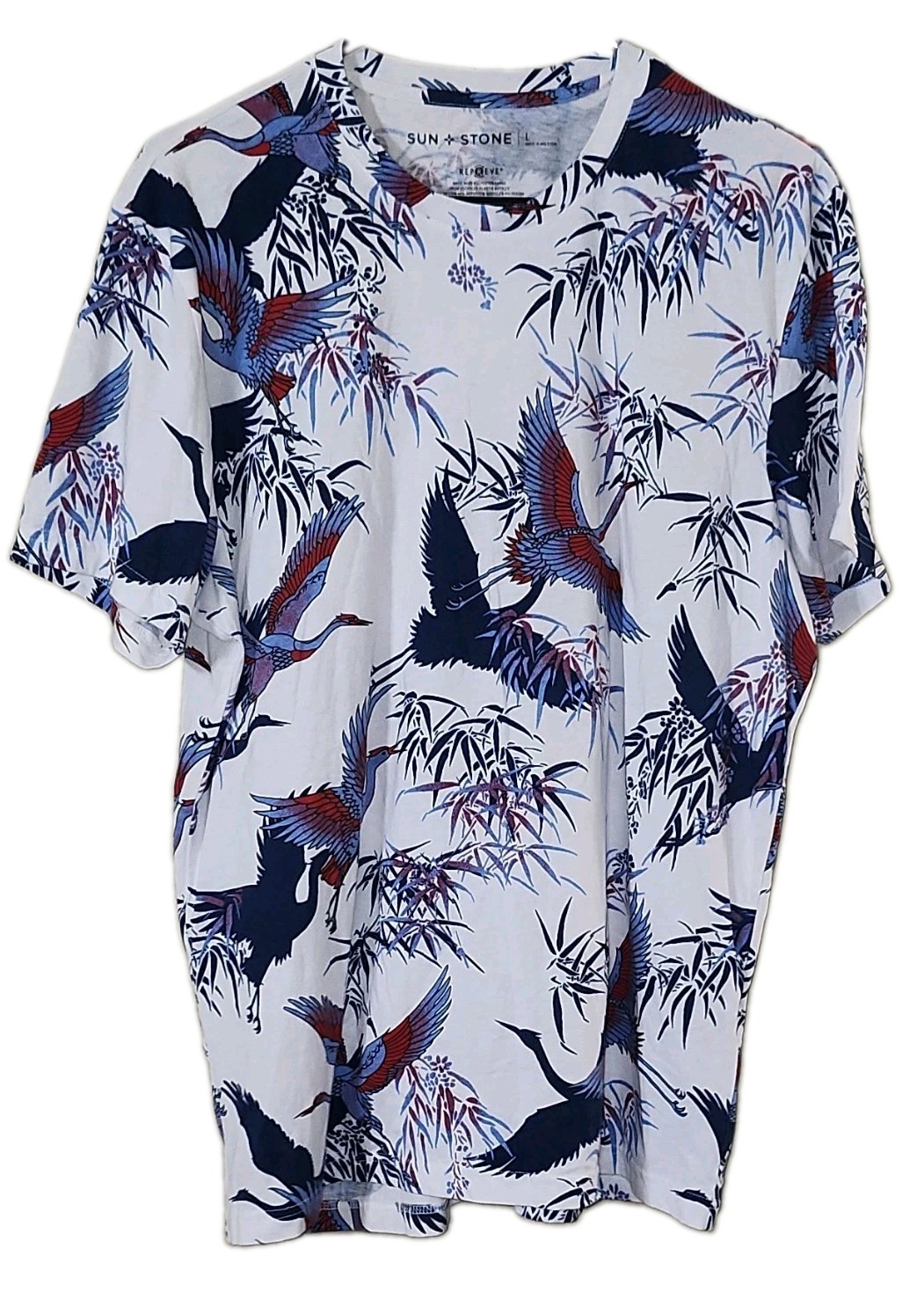 Sun + Stone Men’s White Bird Graphic Print Crew Neck T-Shirt Short Sleeve L