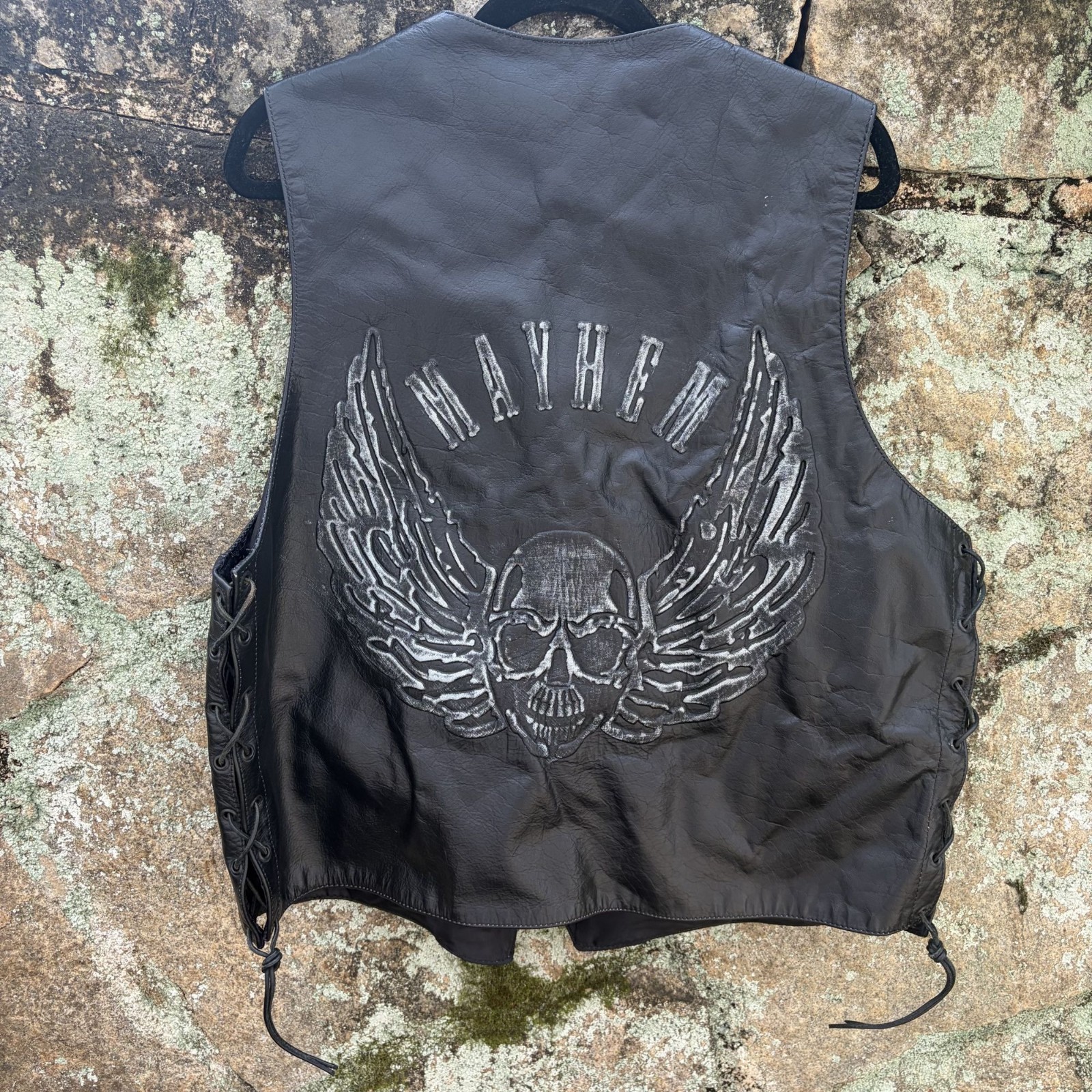 Xelement Motorcycle Leather Vest Black XL Mayhem Skull Wings Side Laces Biker