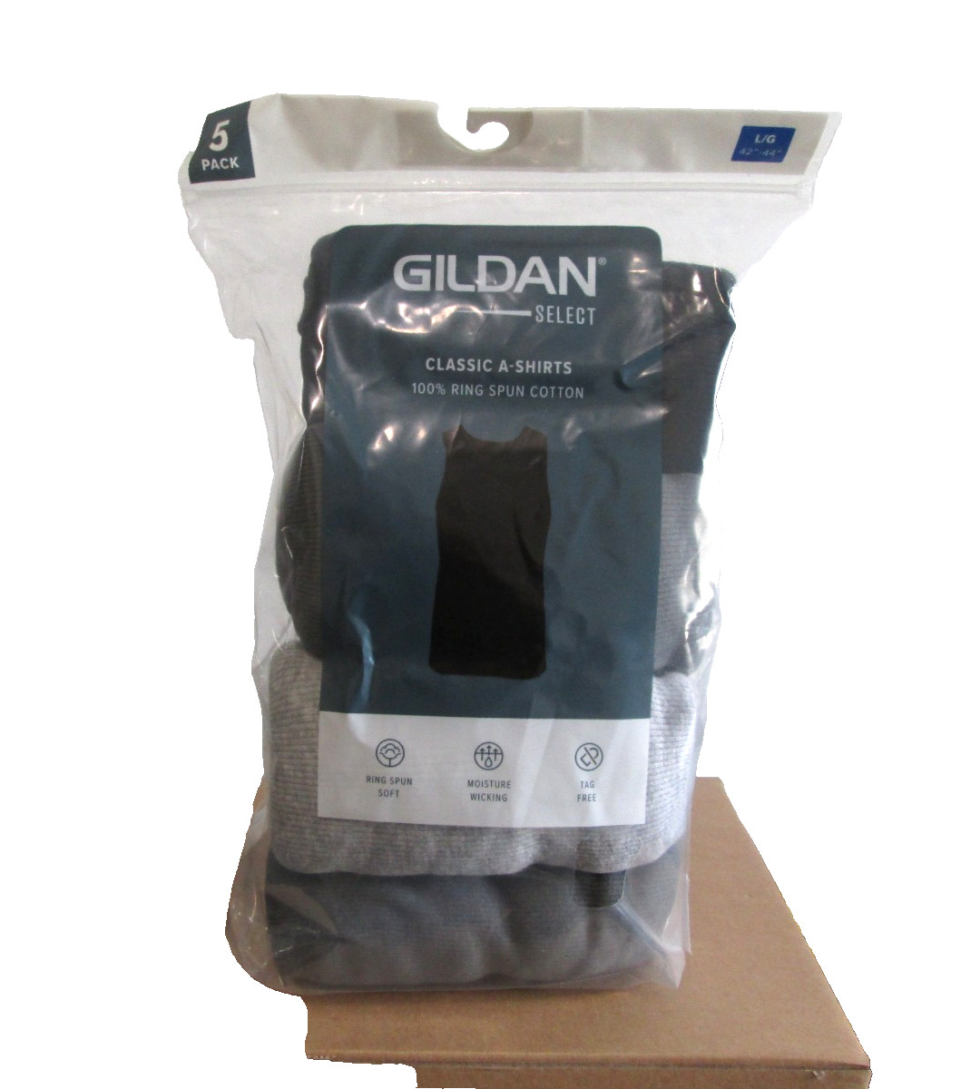 New Men’s Gildan Select 5 Pack Tag Free Black Cotton A-Shirts Tank Tops Lg 42-44