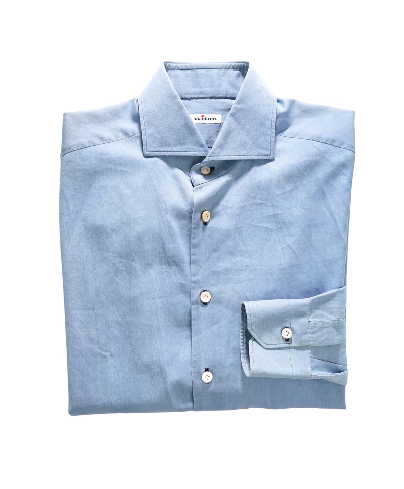 $775 KITON – Solid Blue Chambray Denim Cotton Shirts – 16 | 41